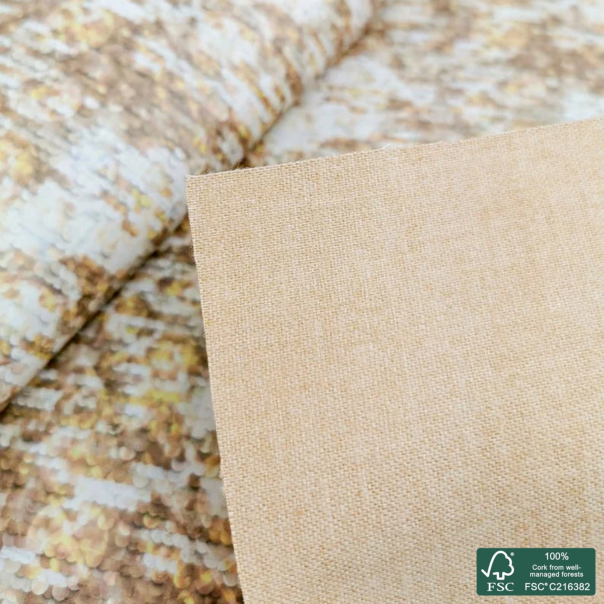 Shiny sequins printed pattern on white cork fabric (440)