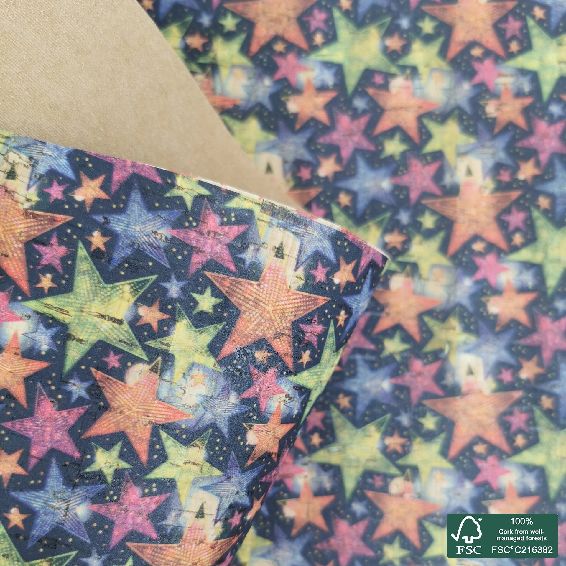 Stars printed pattern on natural cork fabric (441)
