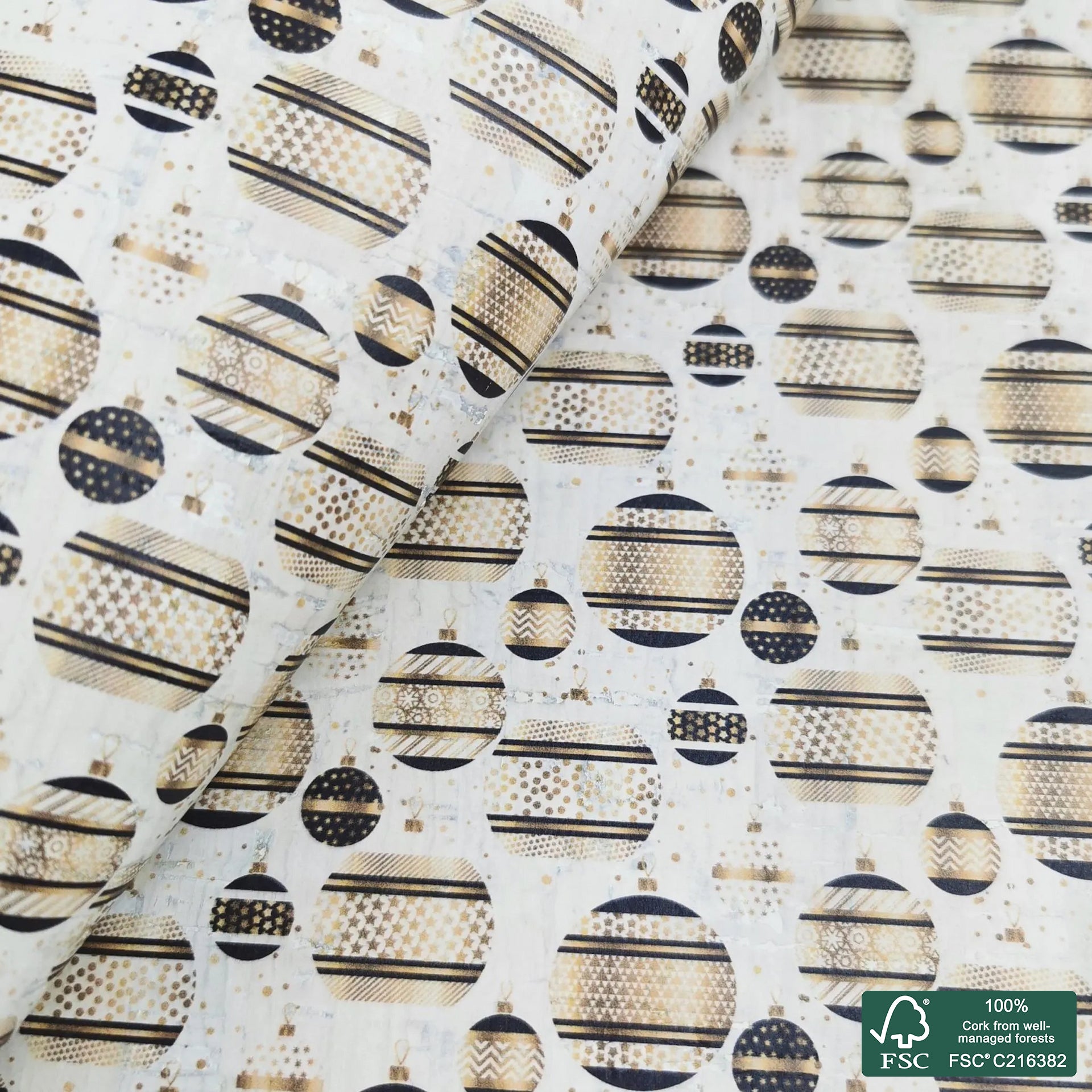 Christmas bubbles printed pattern on white cork fabric (446)