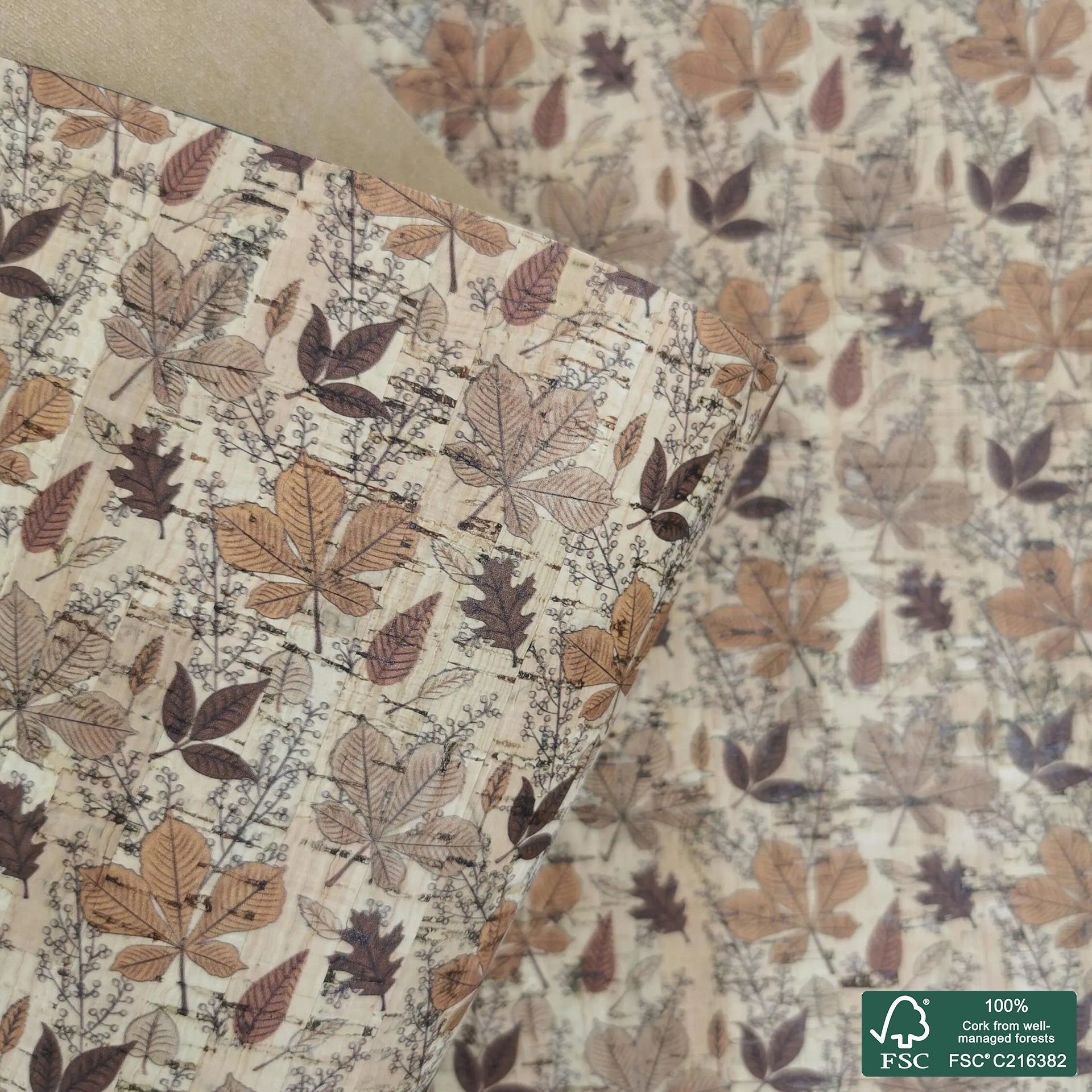 Leaves printed pattern on natural cork fabric (447)