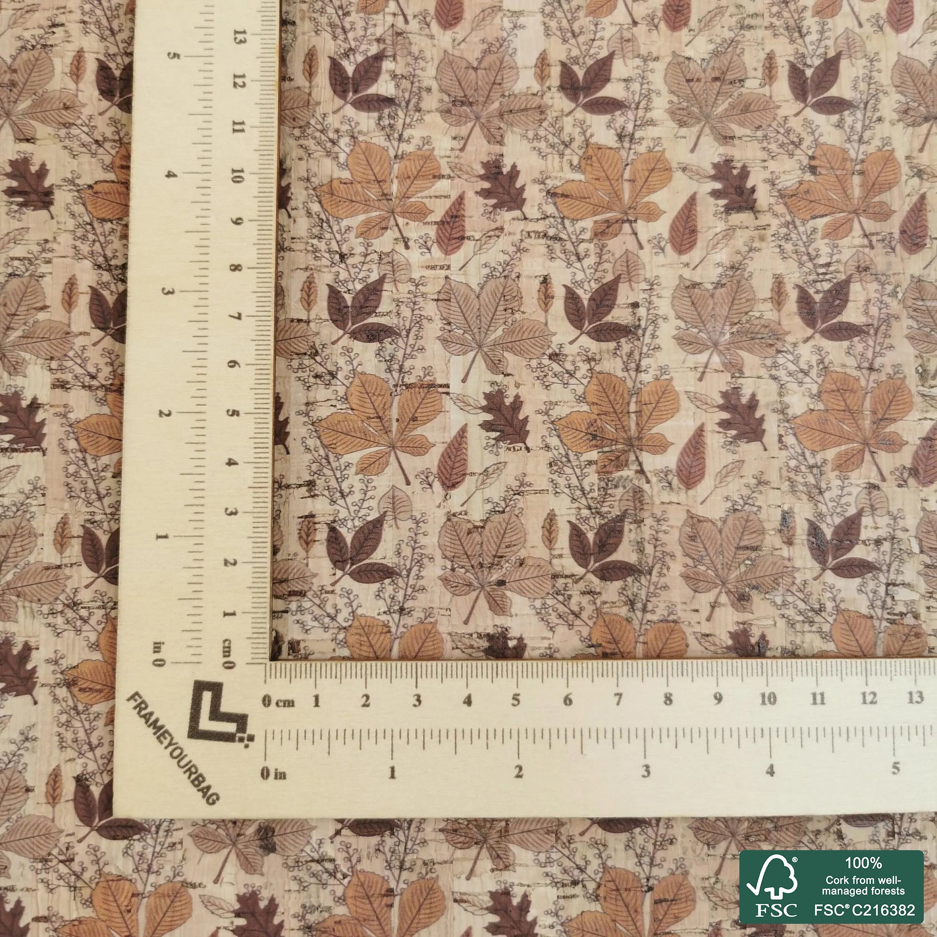 Leaves printed pattern on natural cork fabric (447)