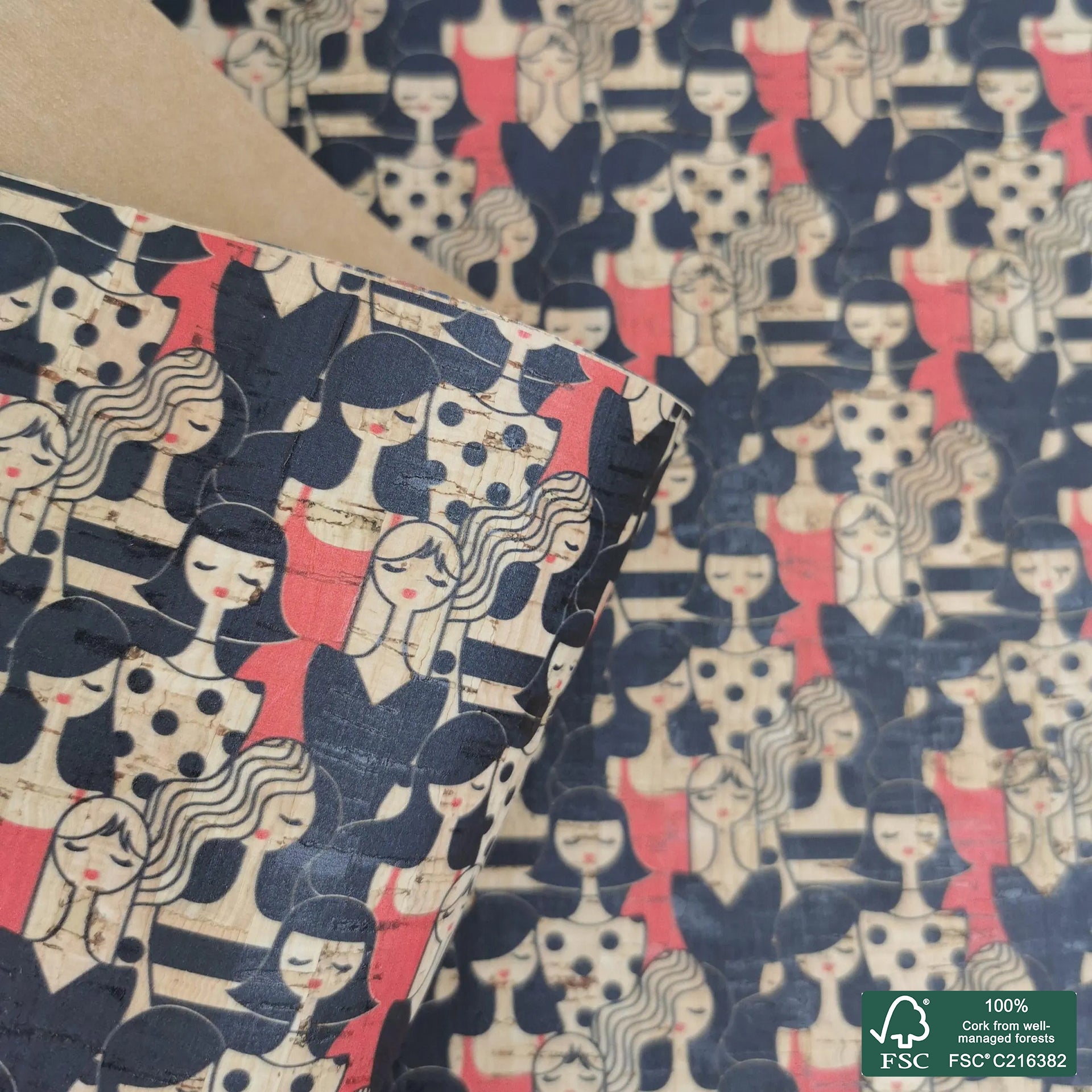 Woman printed pattern on natural cork fabric (451)