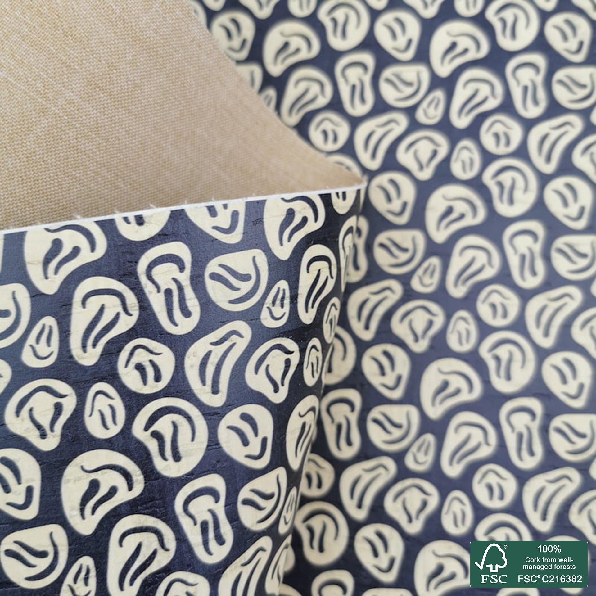 Smile printed pattern on white cork fabric (452)