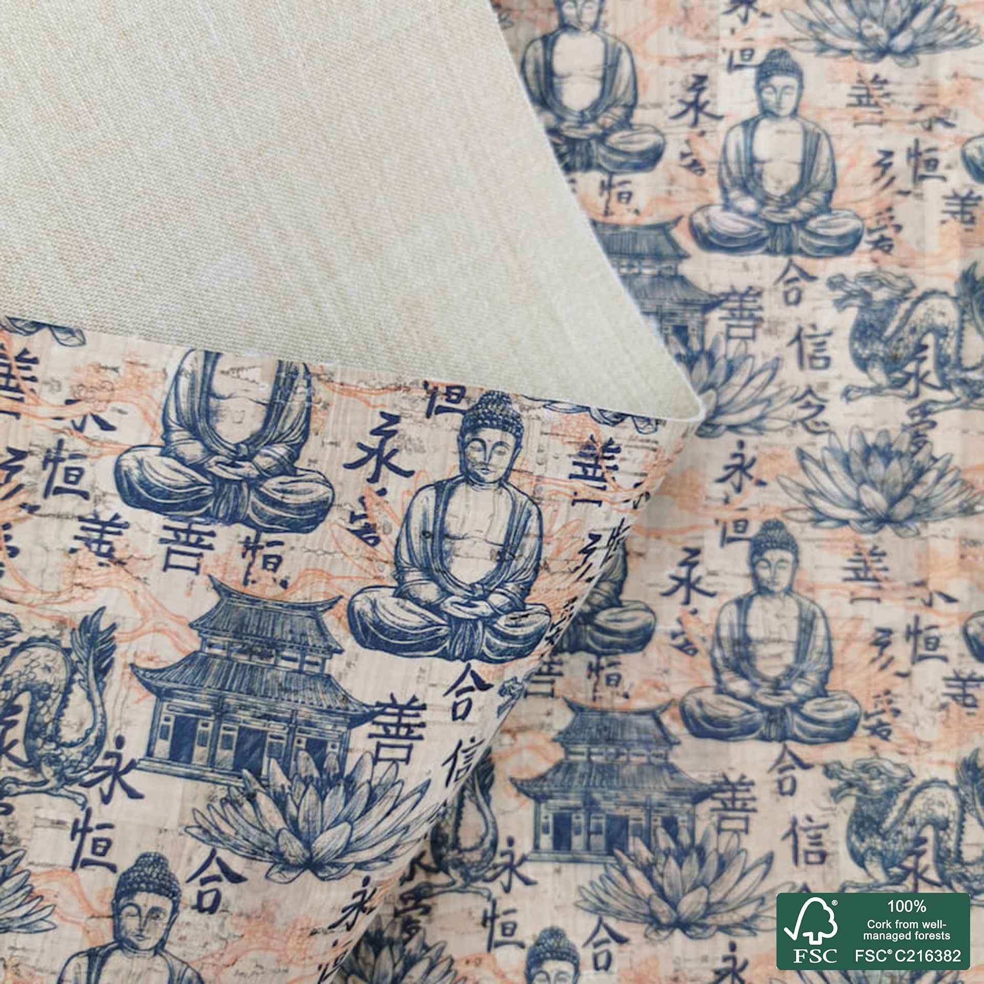 Buddah printed pattern on natural cork fabric (454)