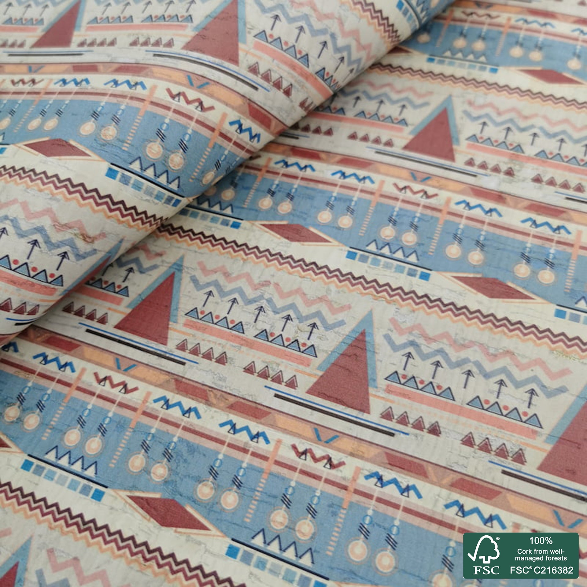 Tiles printed pattern on white cork fabric (455)