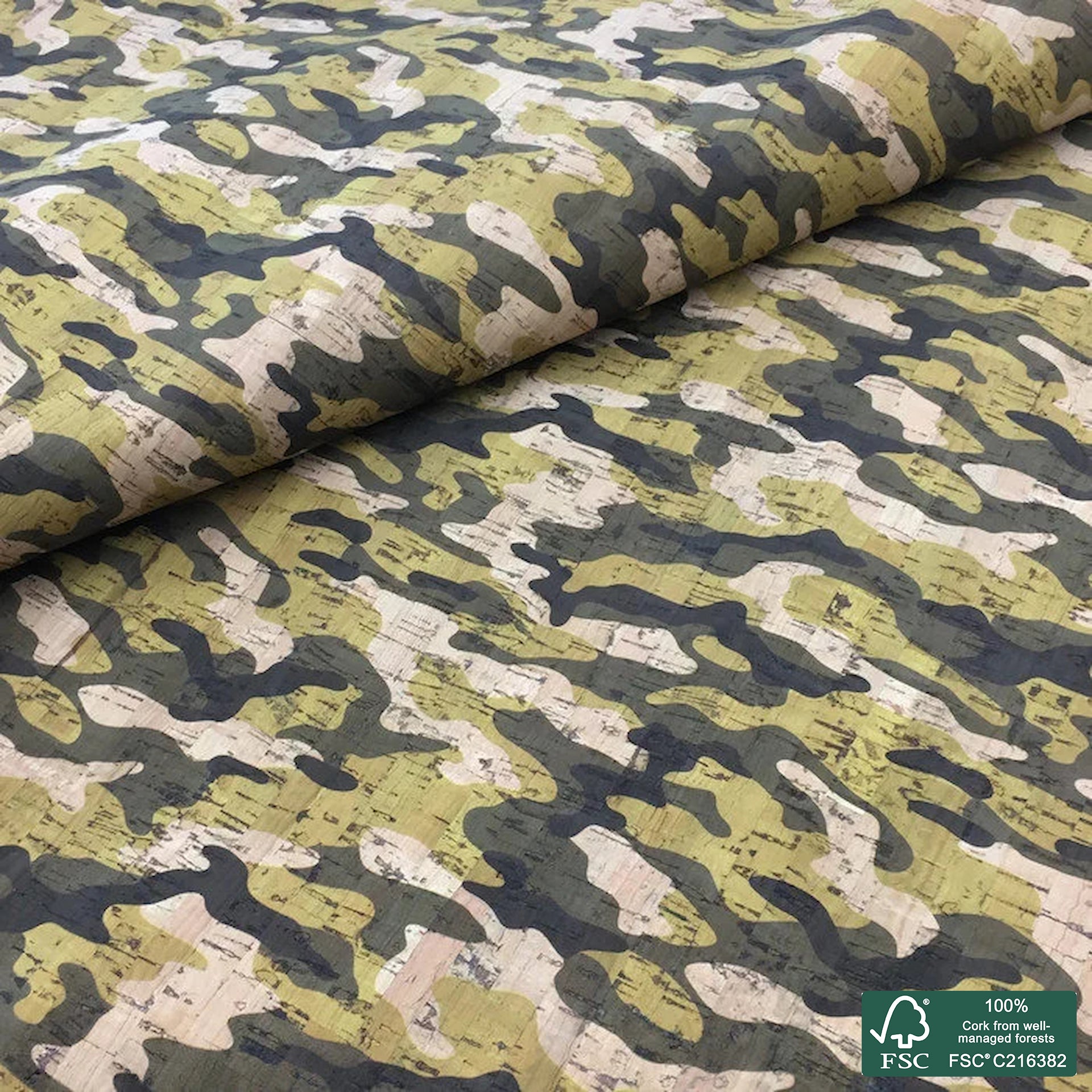 Camouflage printed pattern on natural cork fabric (464)