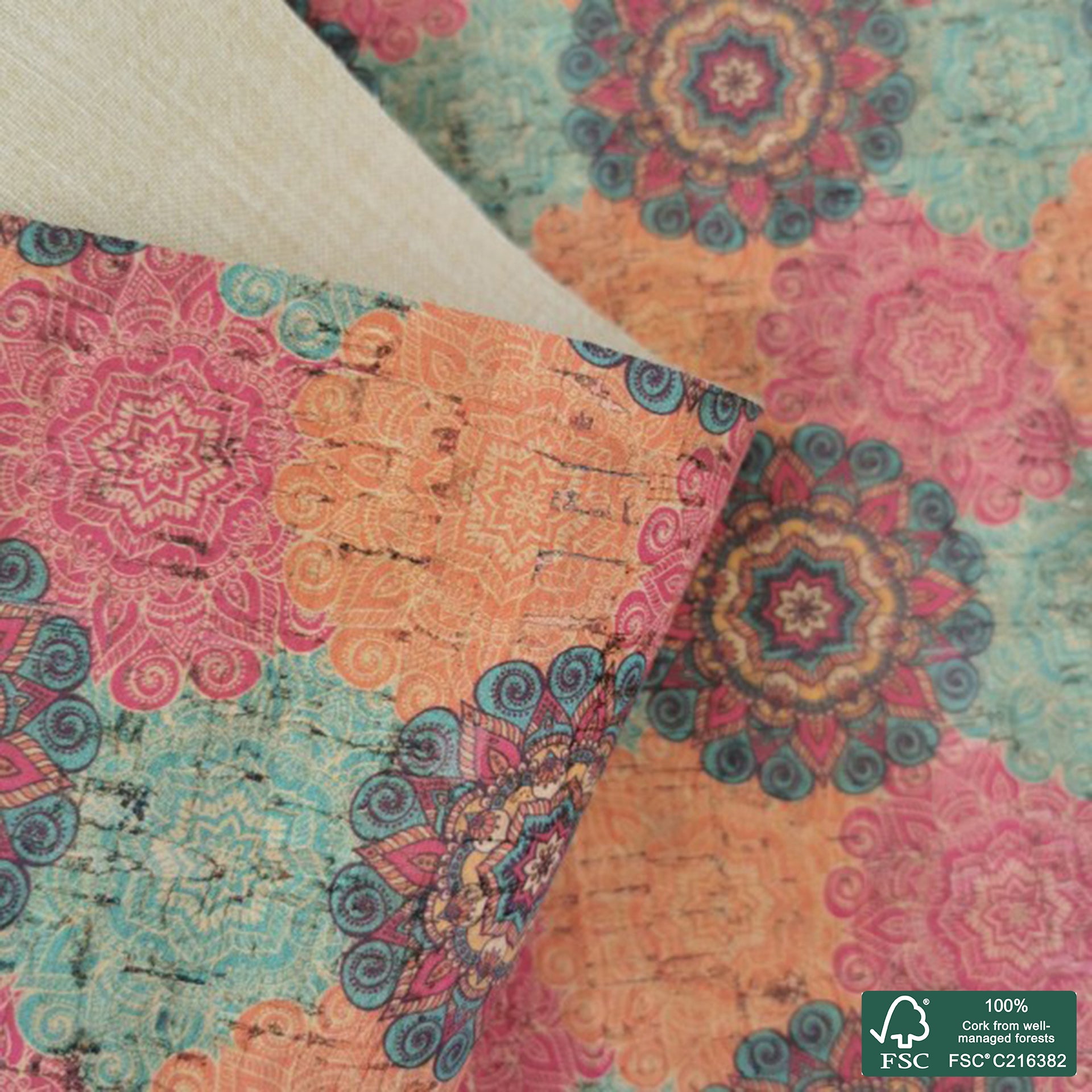 Mandala printed pattern on natural cork fabric (475)