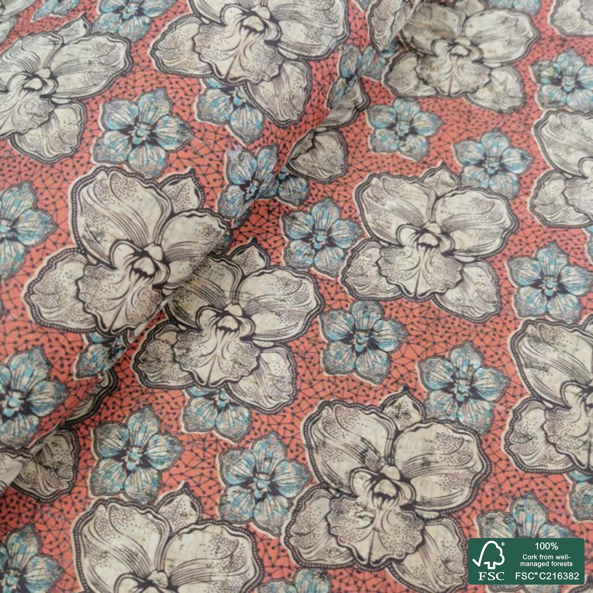 Flowers printed pattern on natural cork fabric (479)