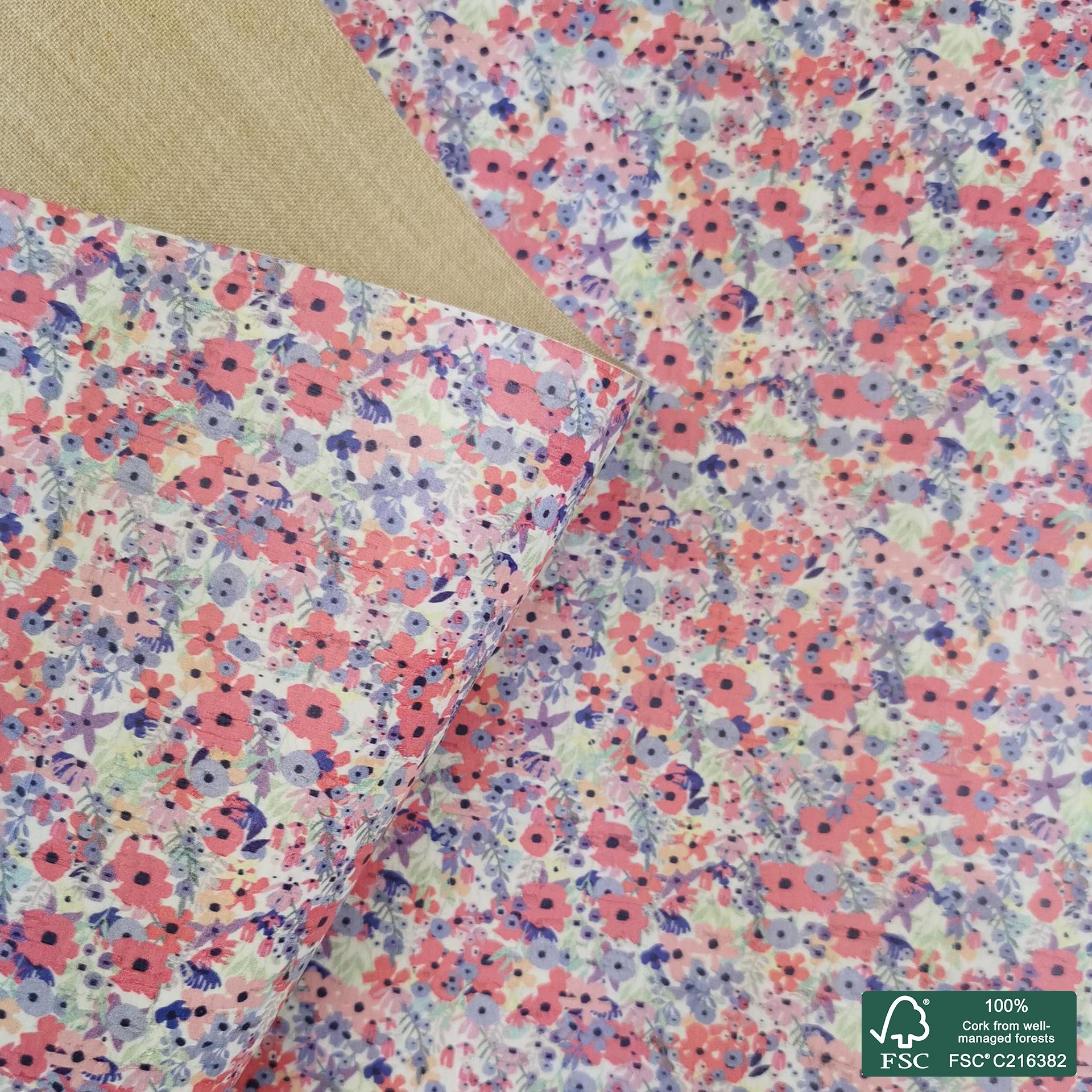 Flowers printed pattern on white cork fabric (480)