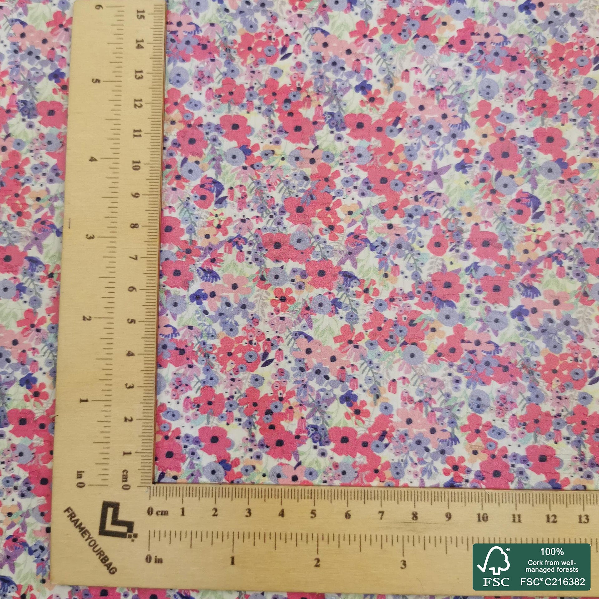 Flowers printed pattern on white cork fabric (480)
