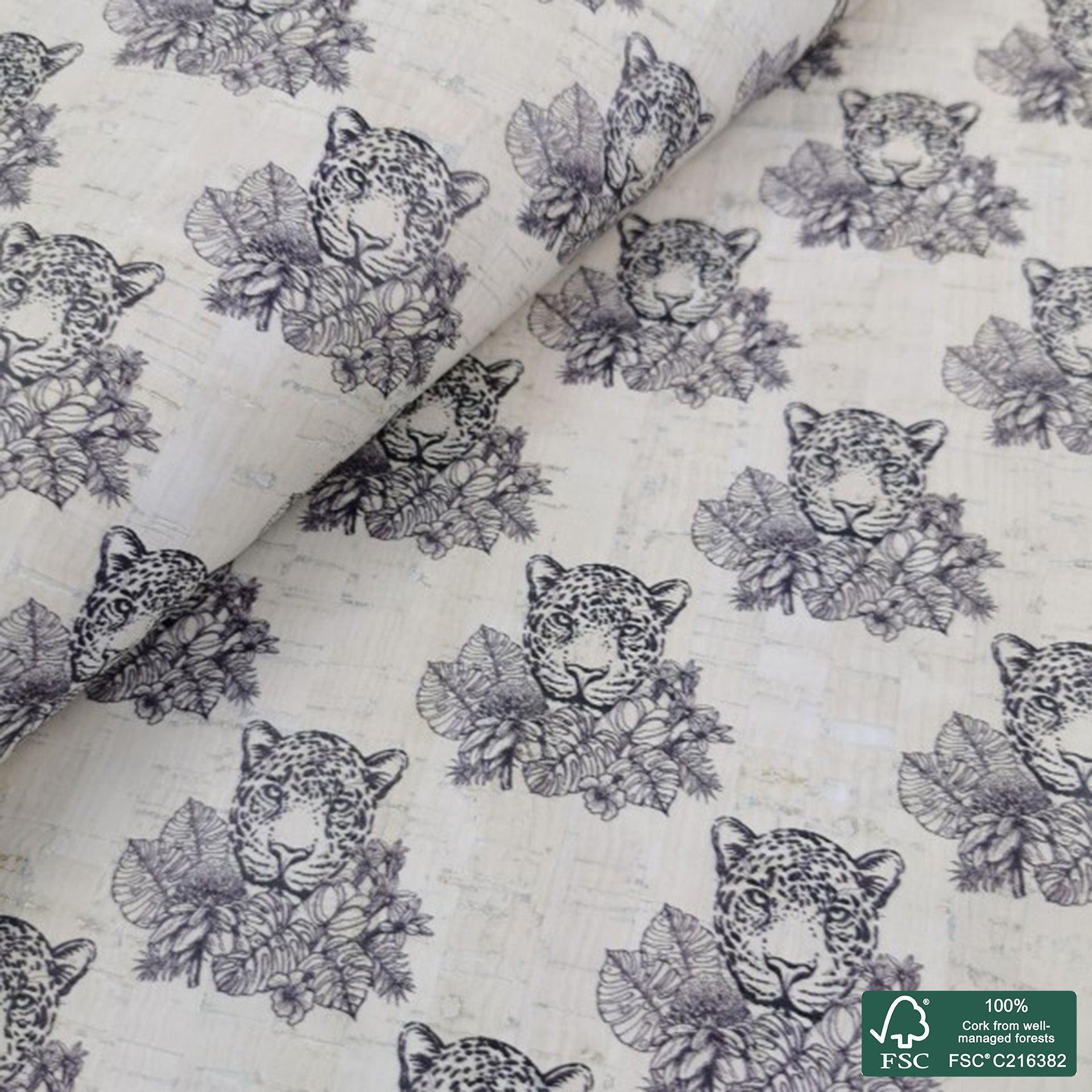 Cheetah printed pattern on white cork fabric (481)
