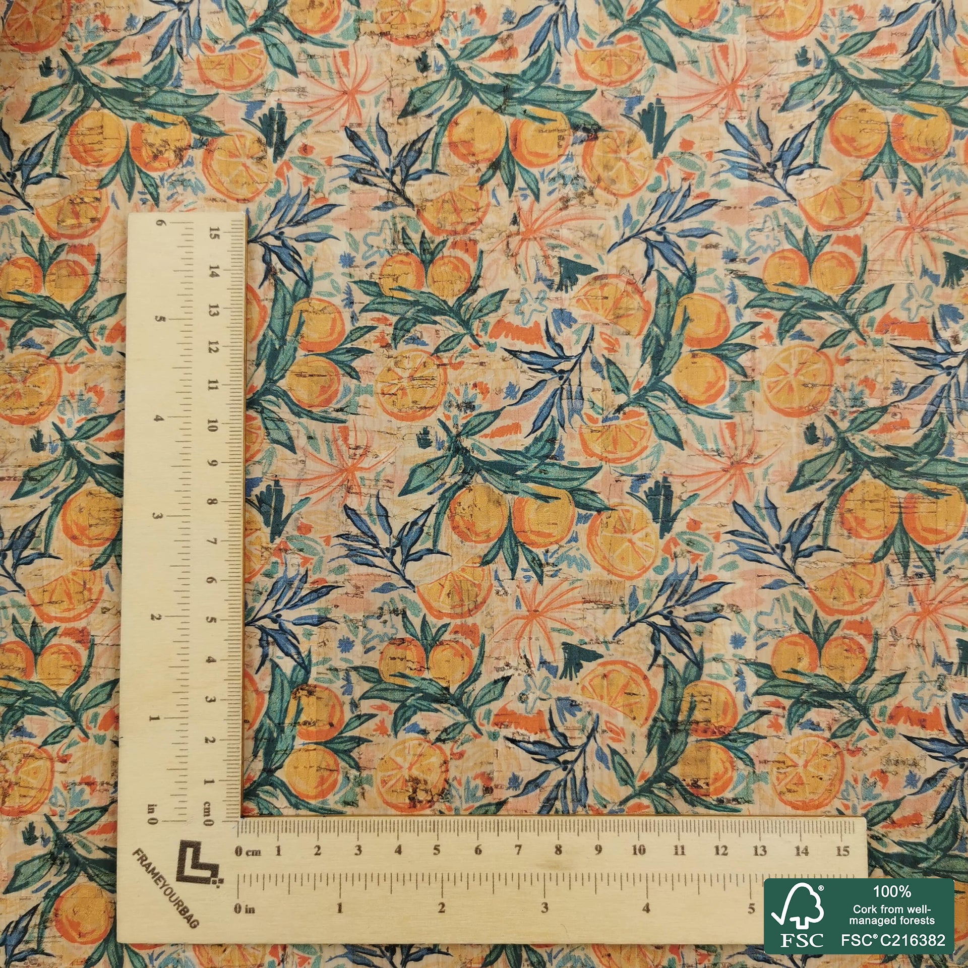 Oranges printed pattern on natural cork fabric (482)