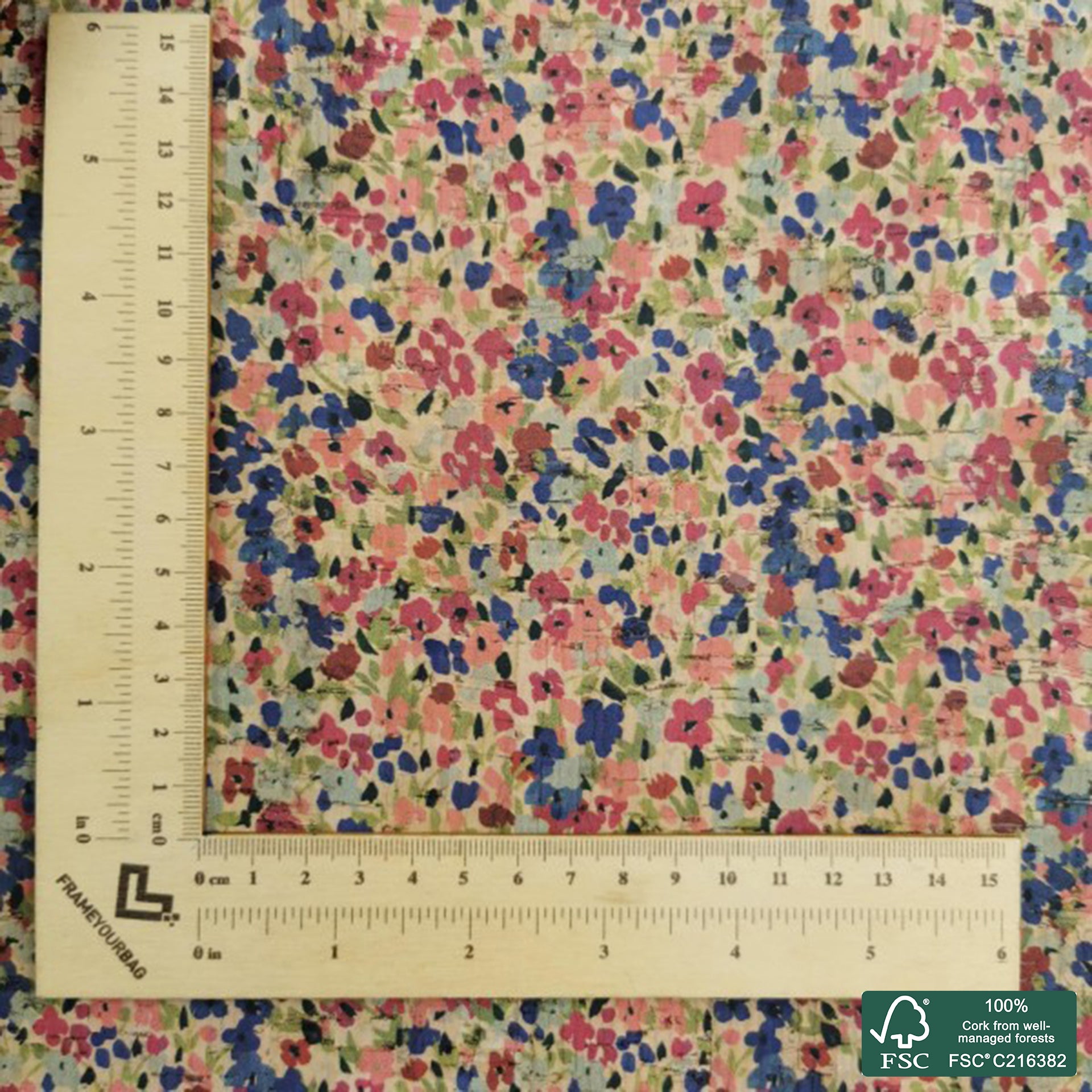 Flowers printed pattern on natural cork fabric (483)