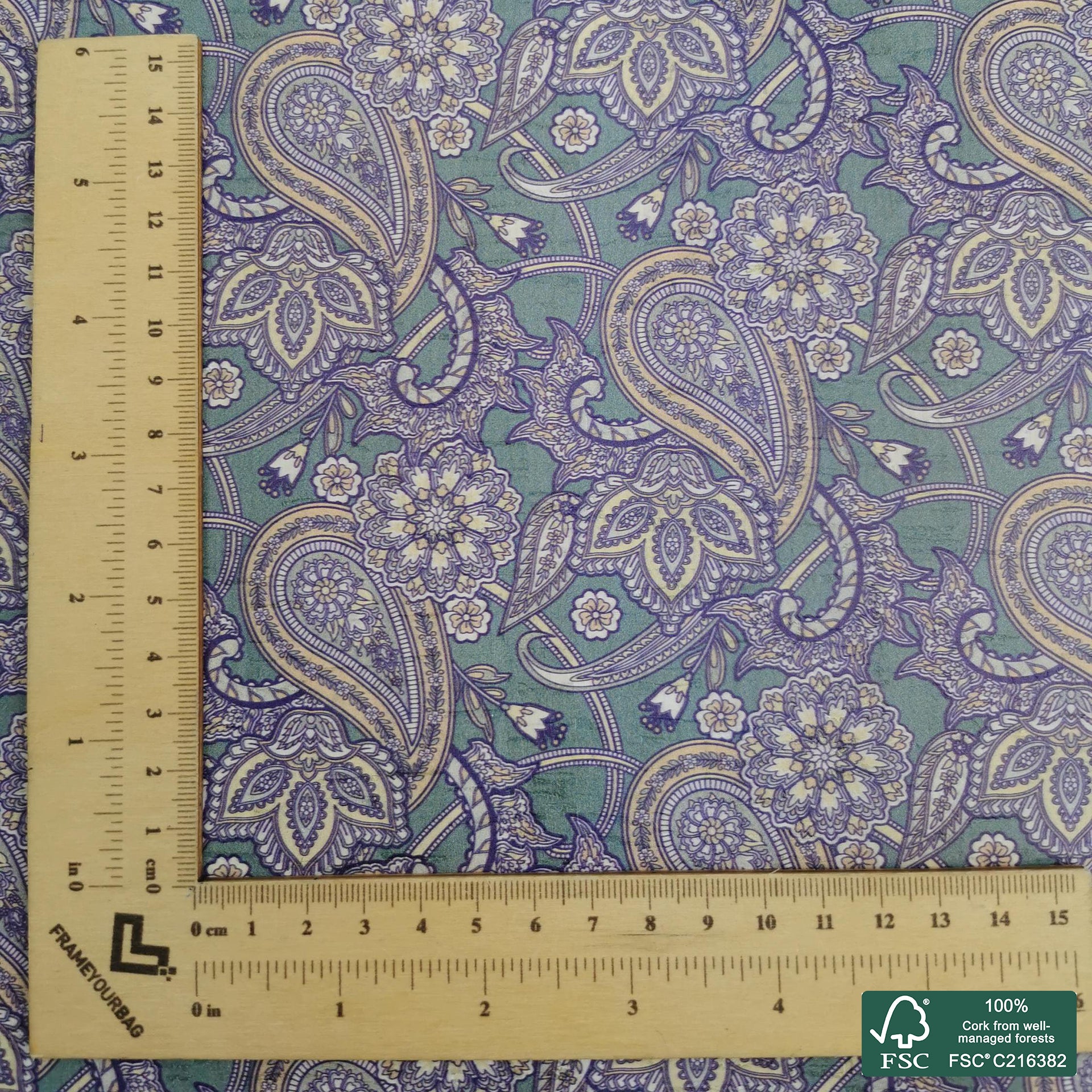 Paisley printed pattern on white cork fabric (485)