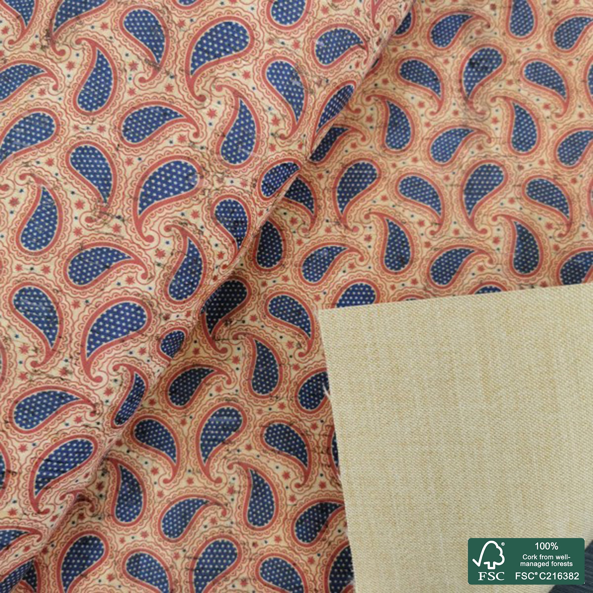 Paisley printed pattern on natural cork fabric (486)