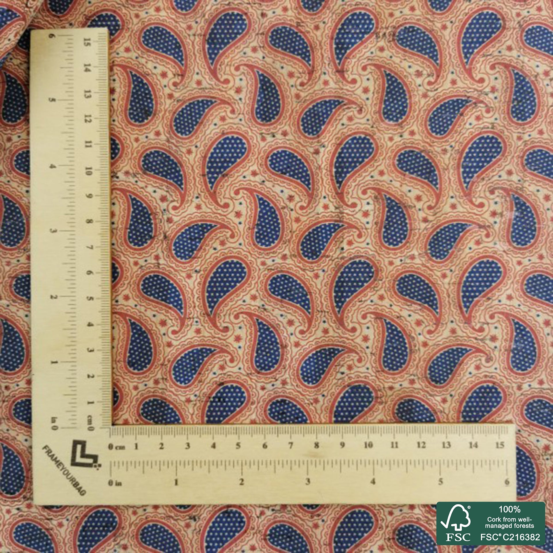 Paisley printed pattern on natural cork fabric (486)