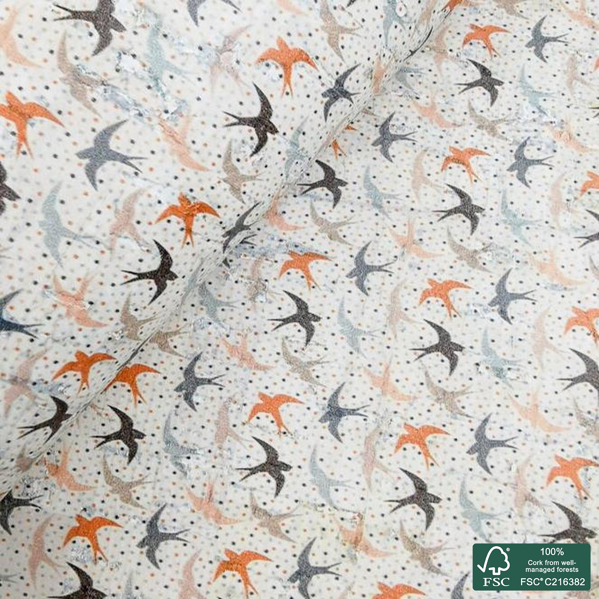 Swallows printed pattern on white cork fabric (495)