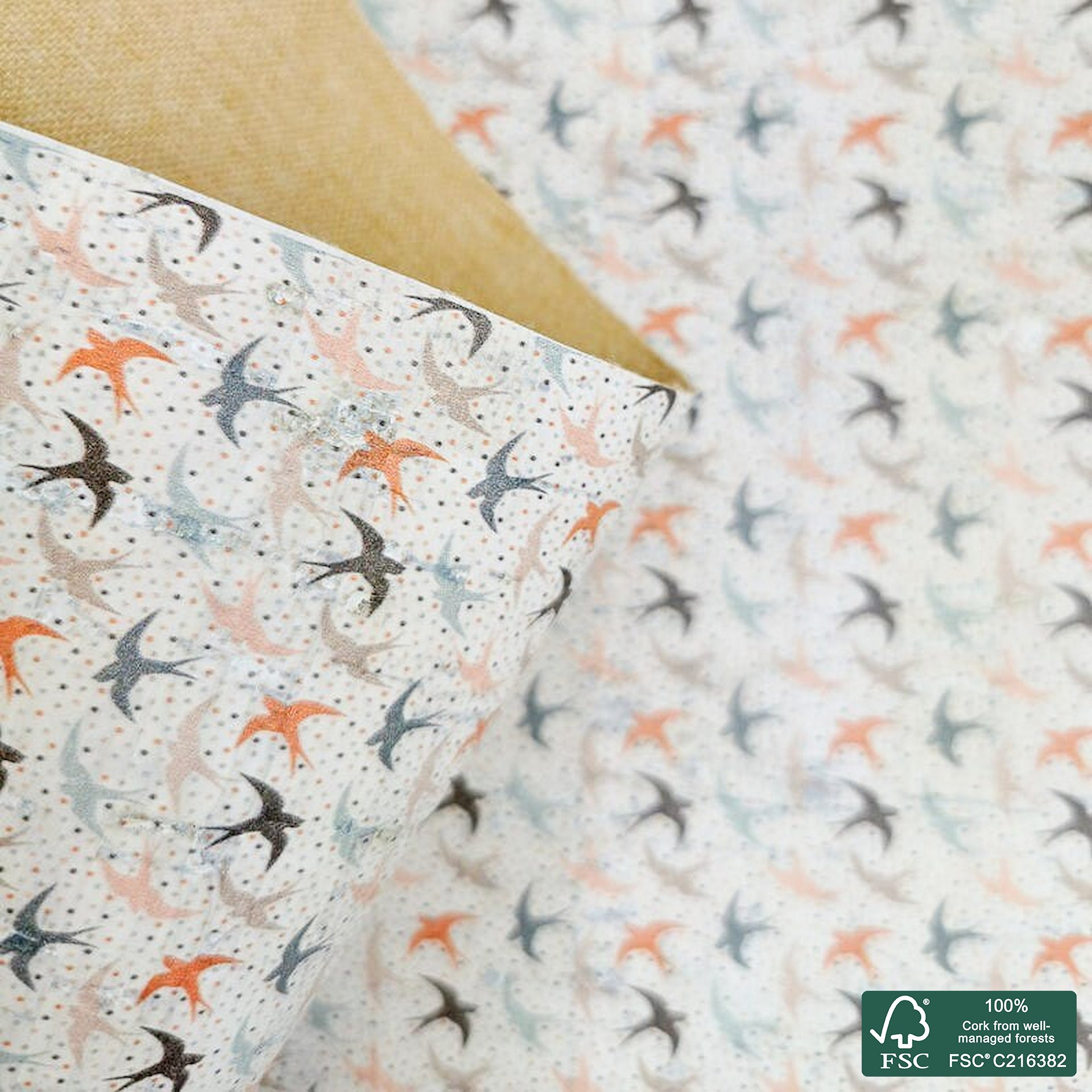 Swallows printed pattern on white cork fabric (495)