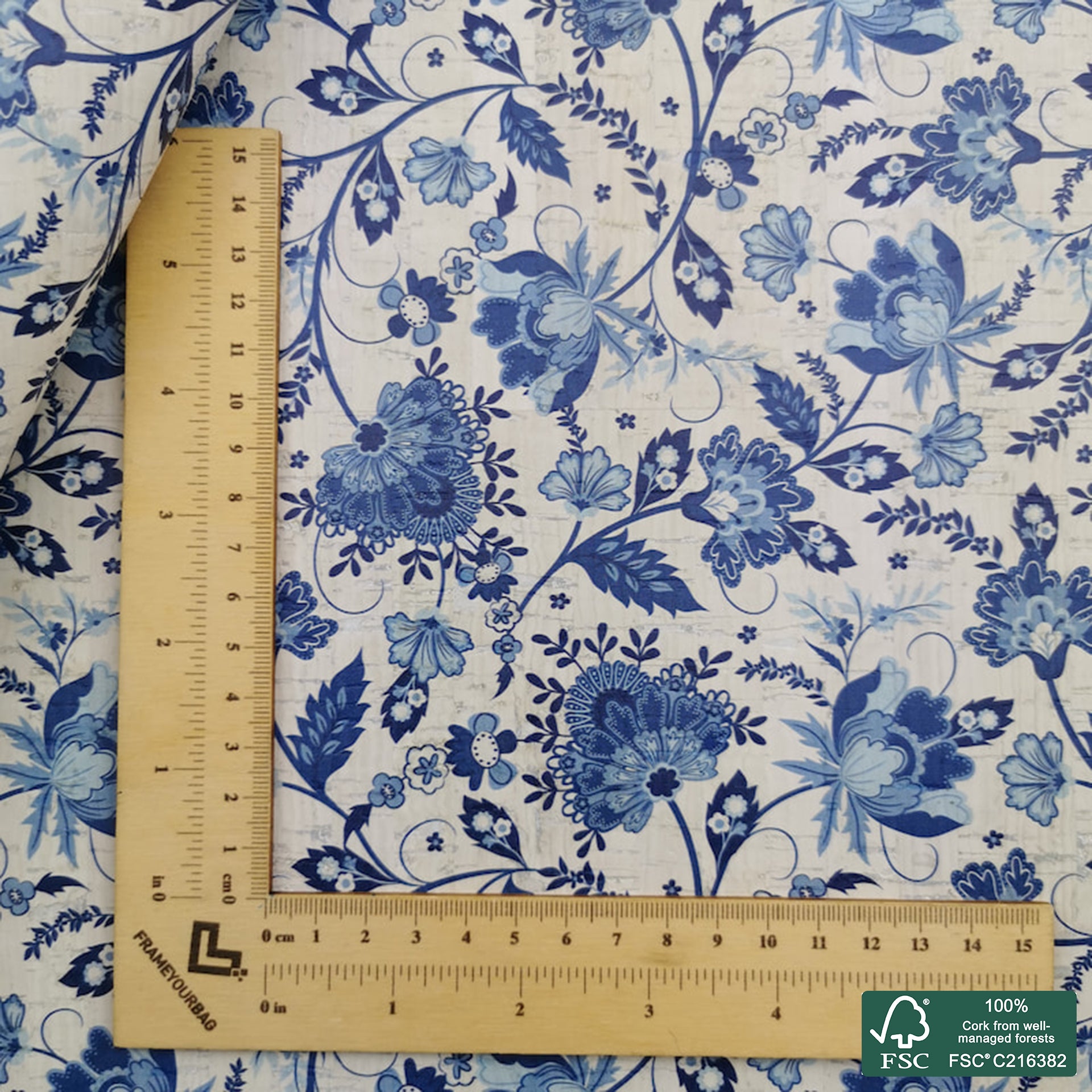 Flowers printed pattern on white cork fabric (499)