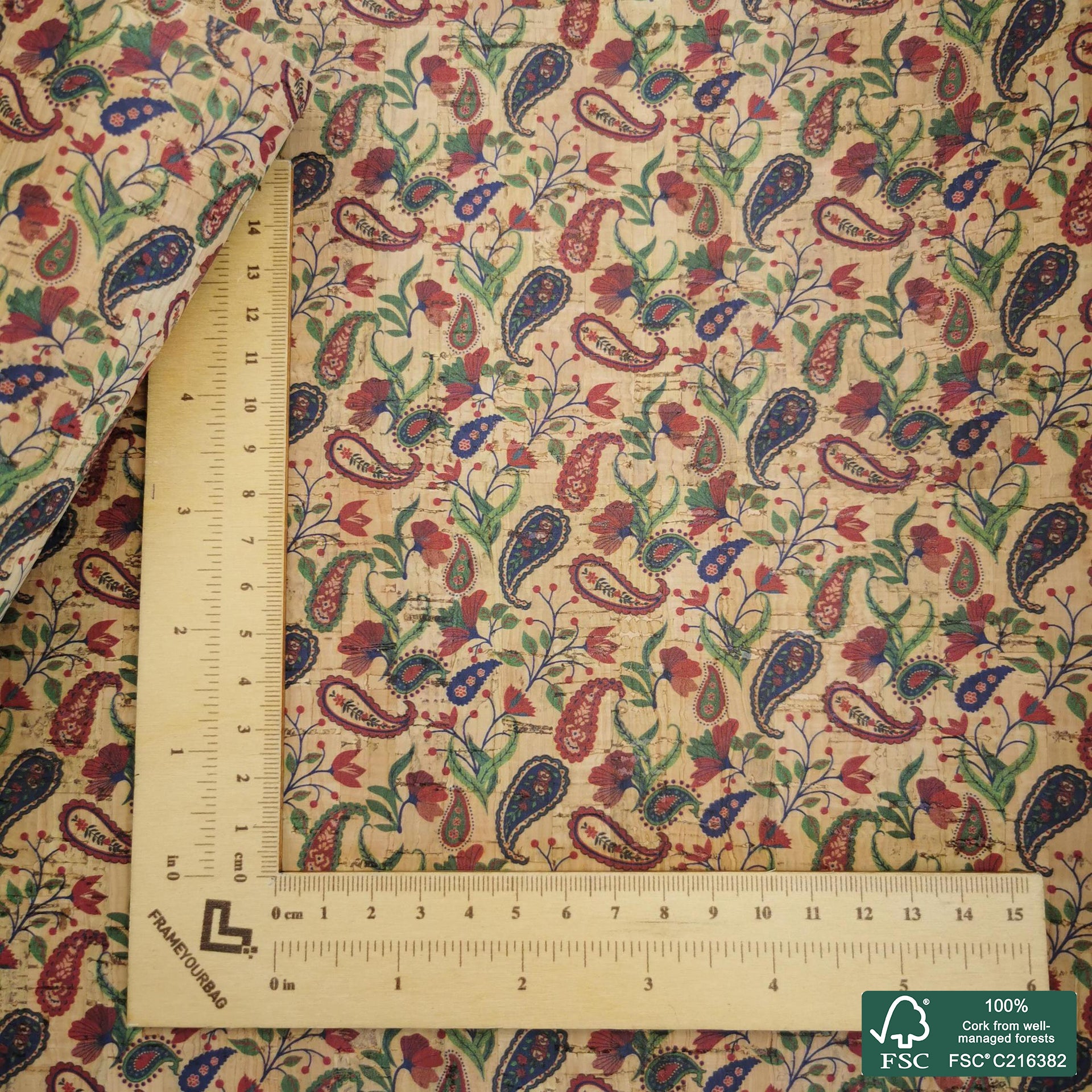 Paisley printed pattern on natural cork fabric (515)