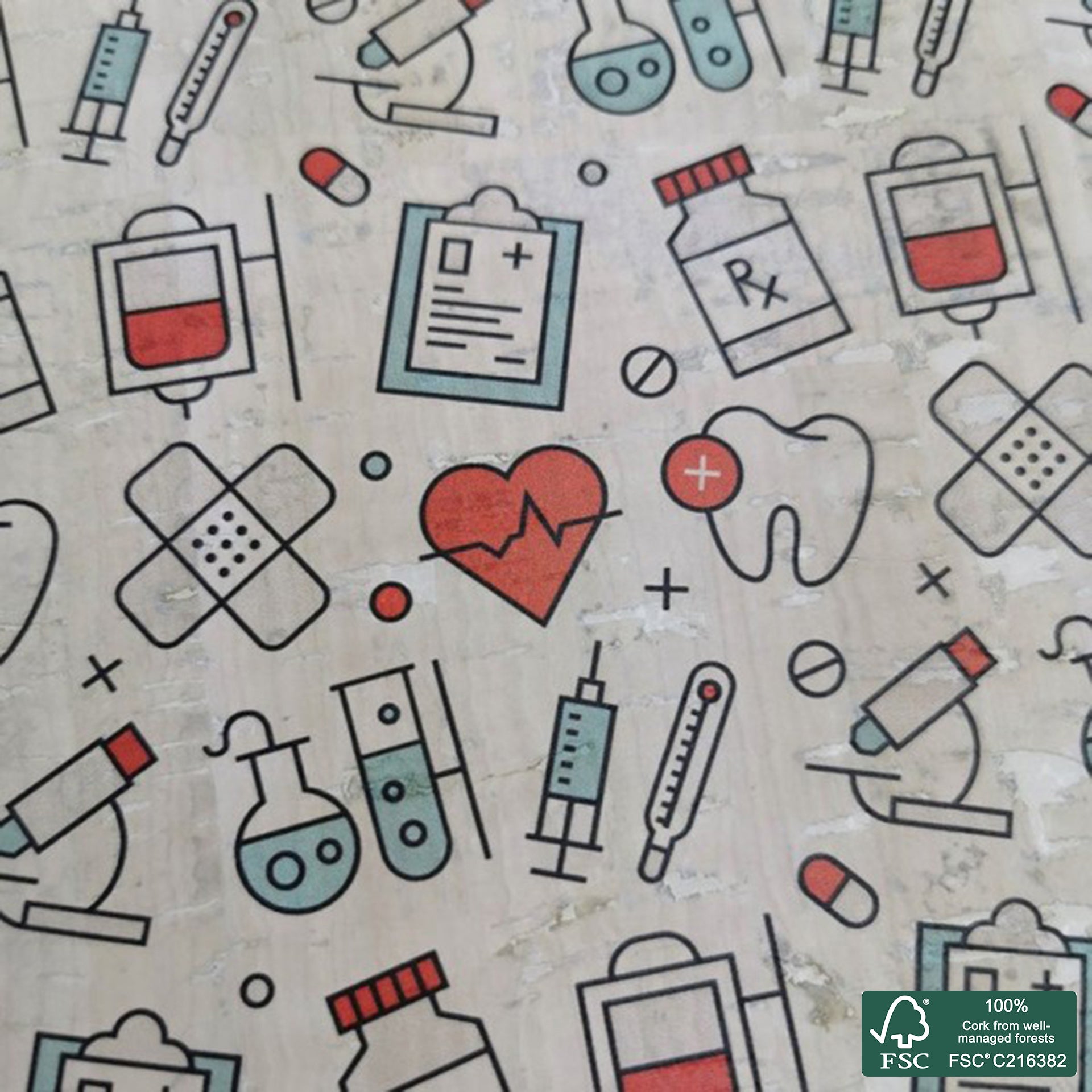 Medicine printed pattern on white cork fabric (521)