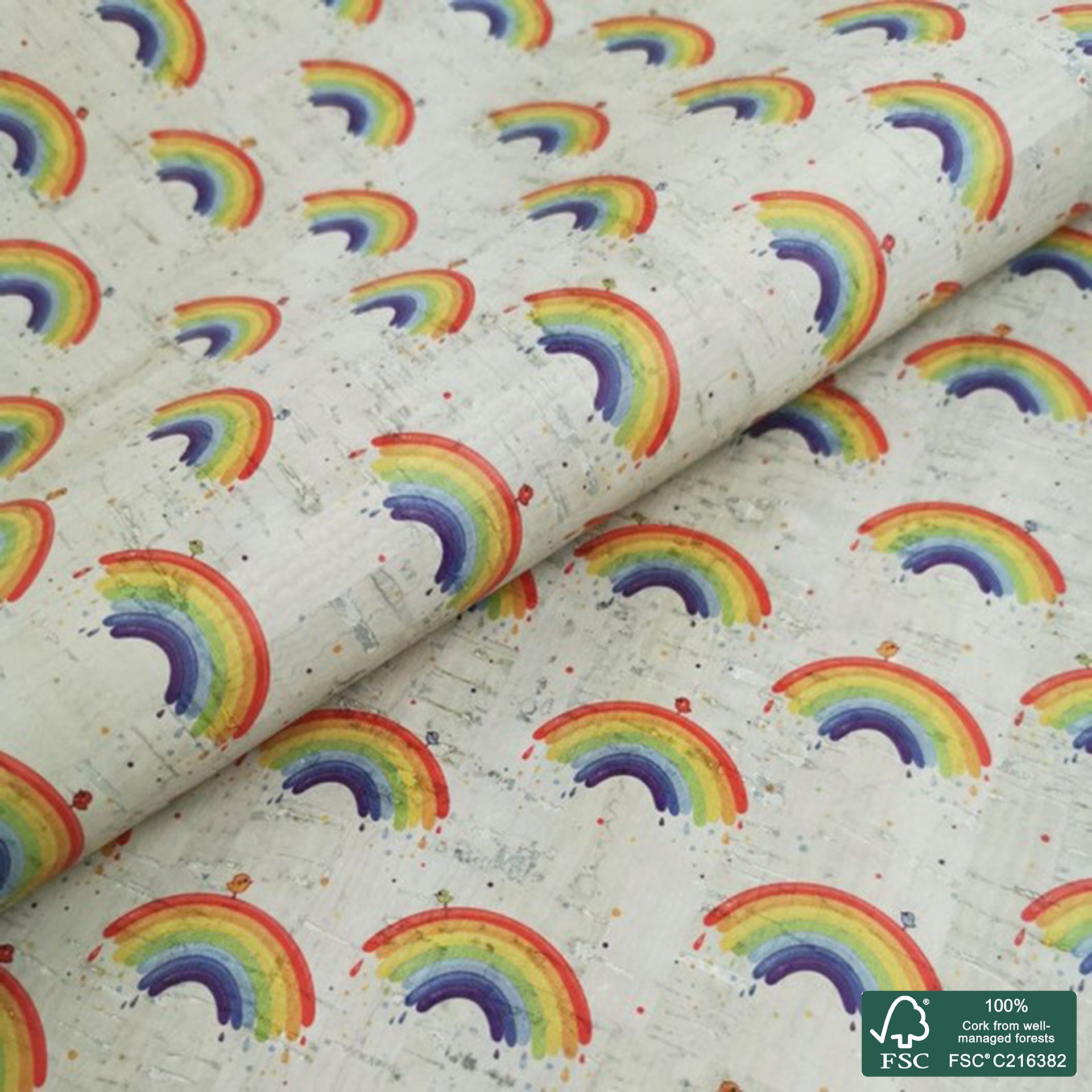 Rainbow printed pattern on white cork fabric (532)
