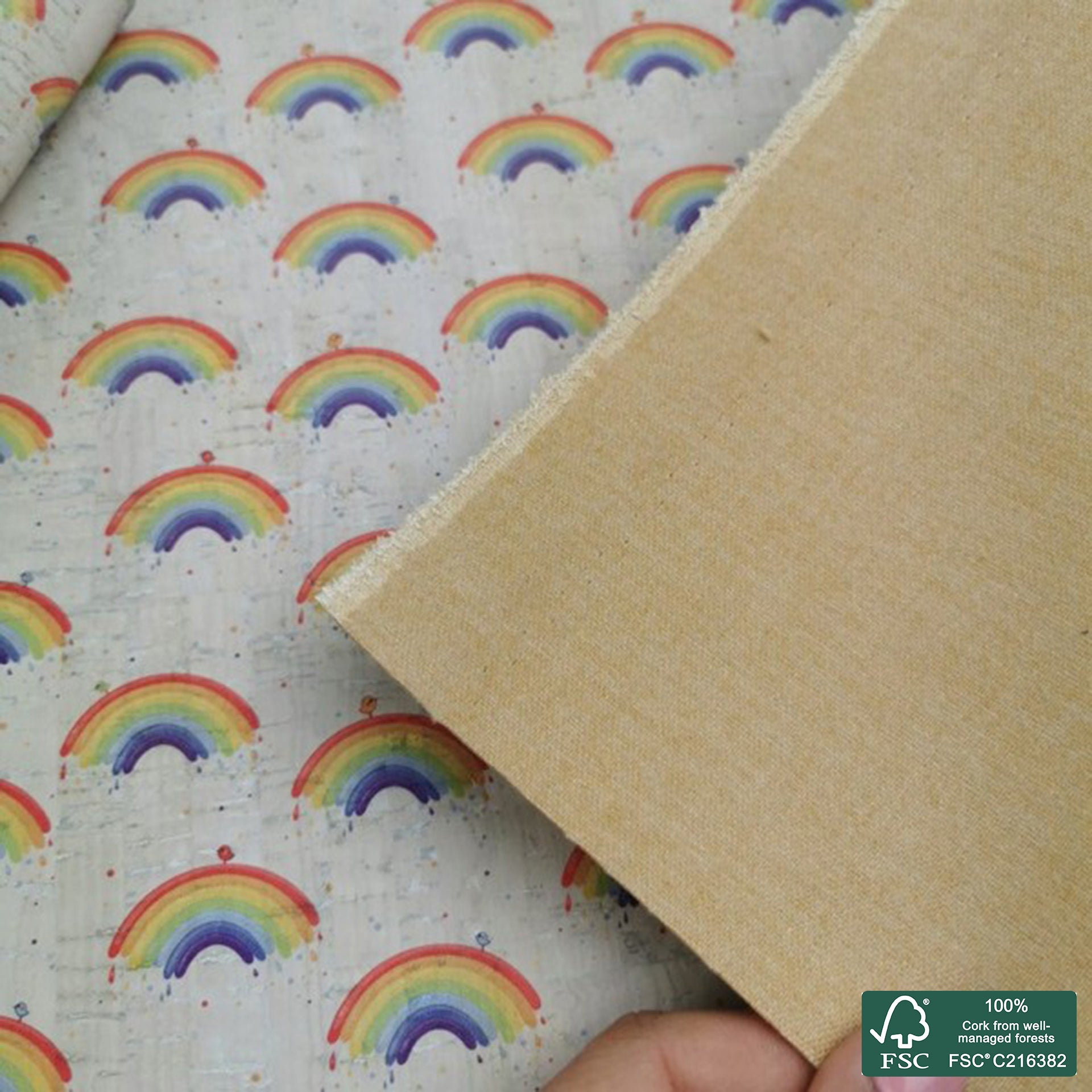 Rainbow printed pattern on white cork fabric (532)