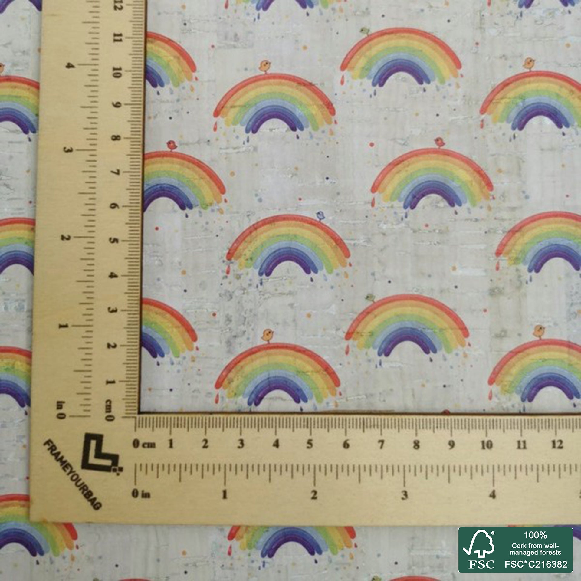 Rainbow printed pattern on white cork fabric (532)