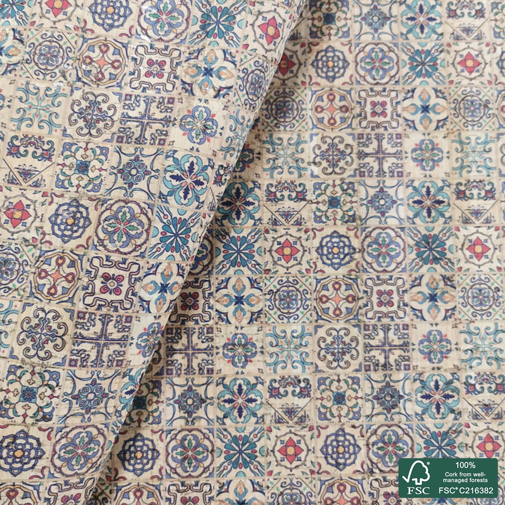 Tiles printed pattern on natural cork fabric (539)