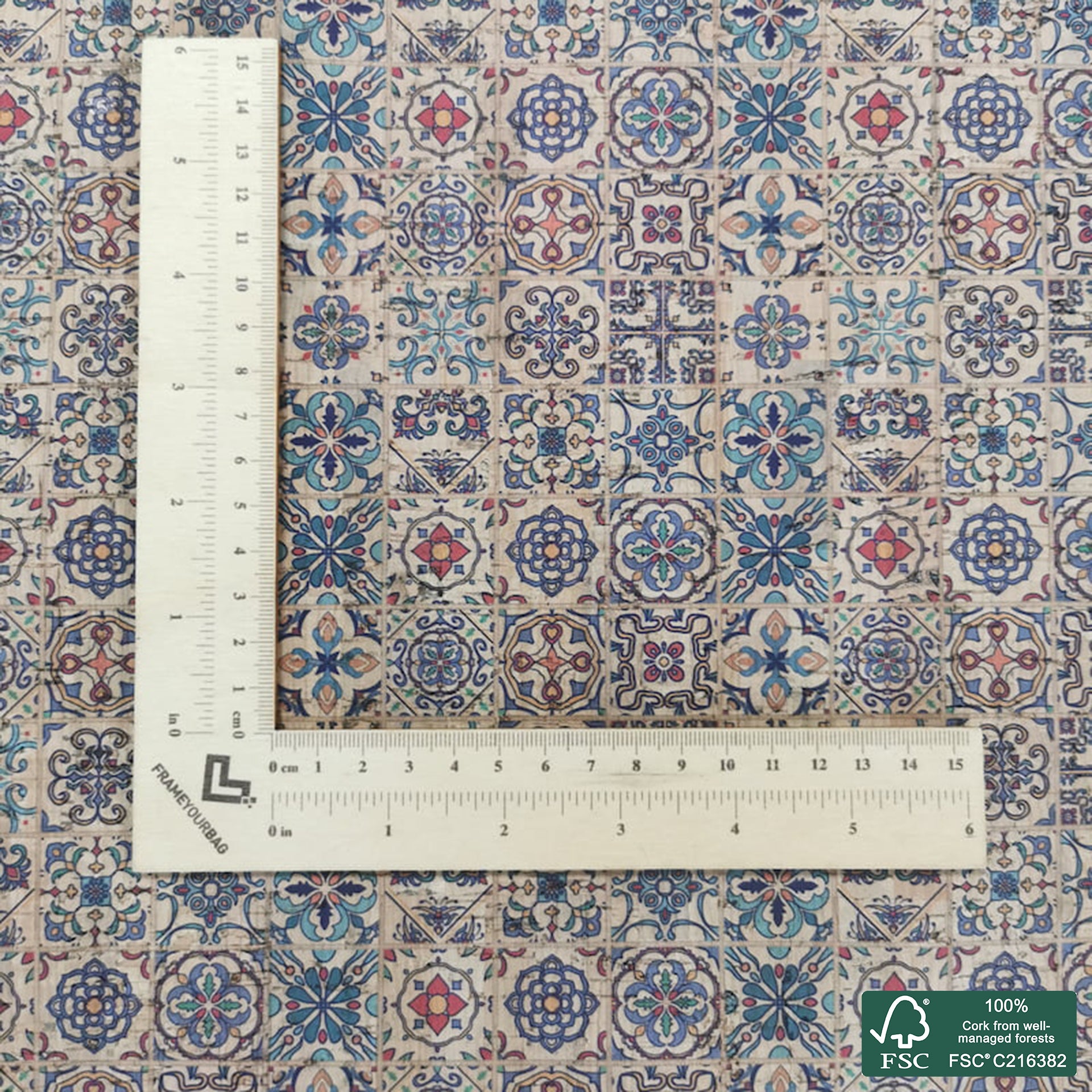 Tiles printed pattern on natural cork fabric (539)