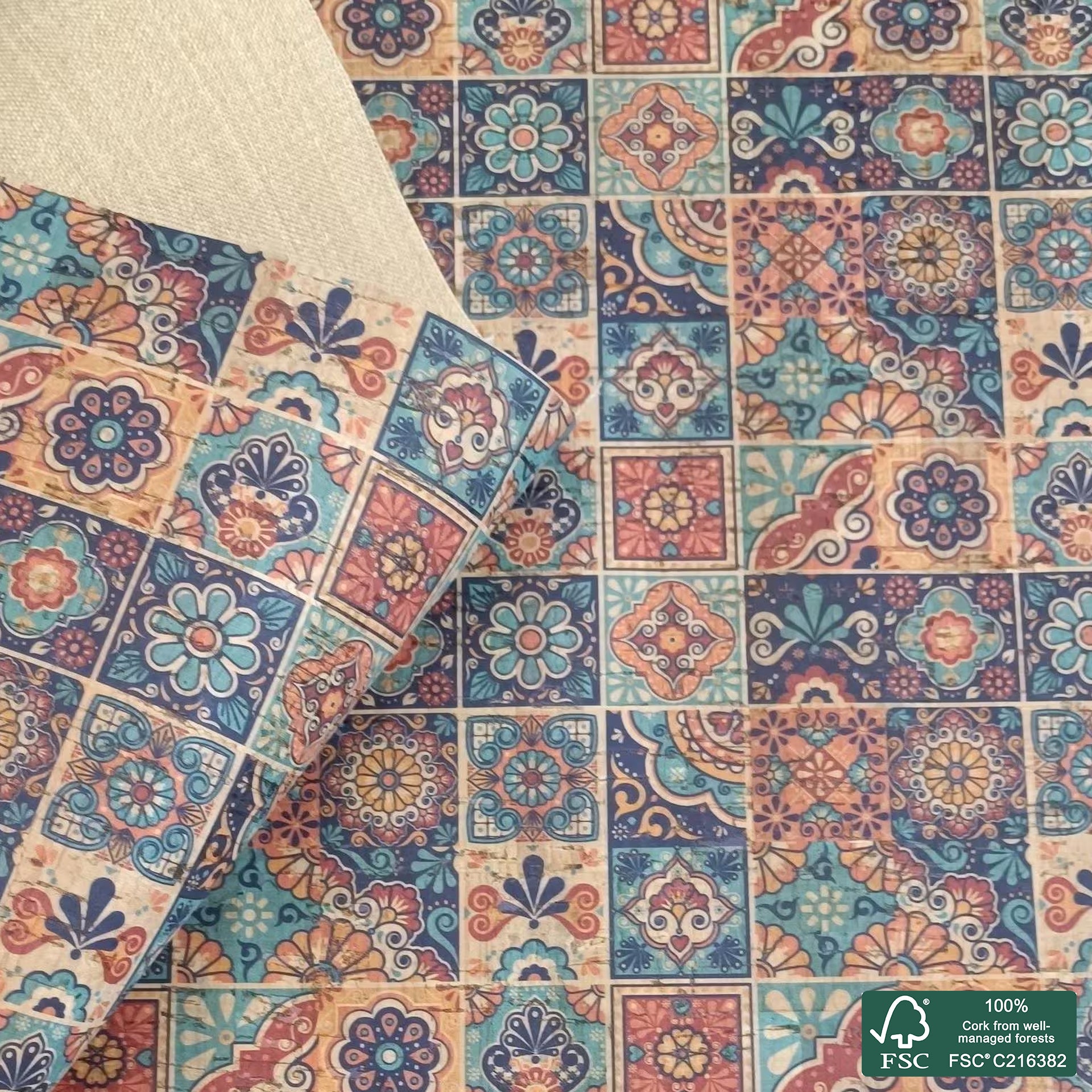 Tiles printed pattern on natural cork fabric (542)