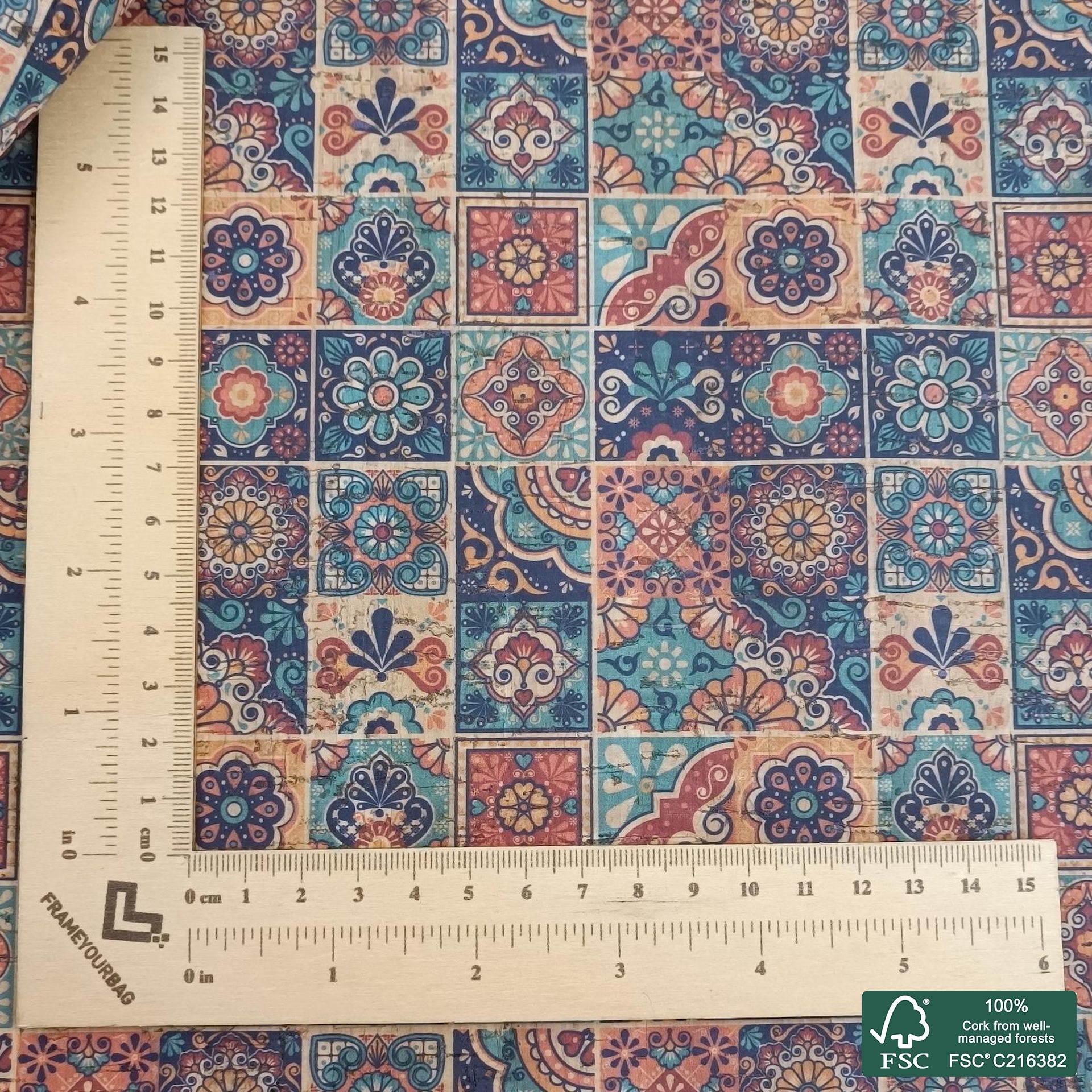 Tiles printed pattern on natural cork fabric (542)