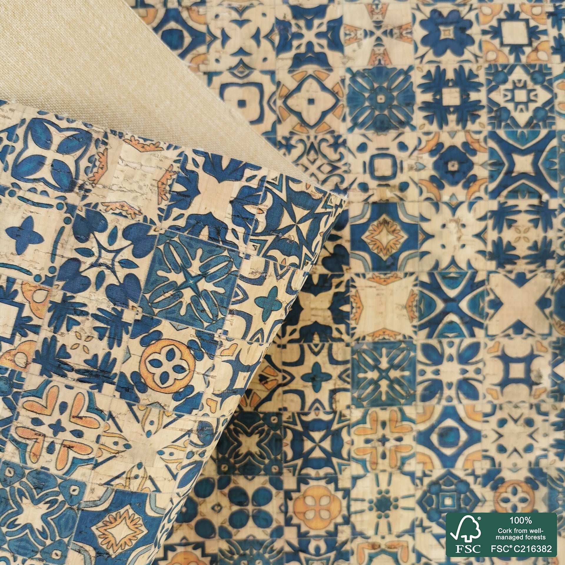 Tiles printed pattern on natural cork fabric (544)