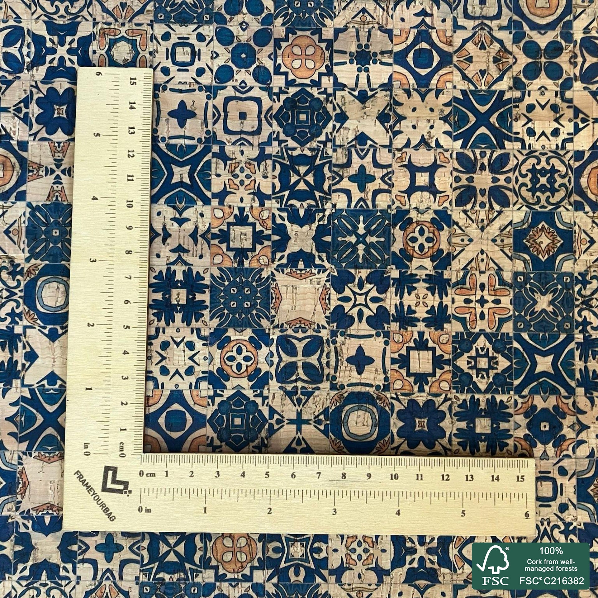 Tiles printed pattern on natural cork fabric (544)