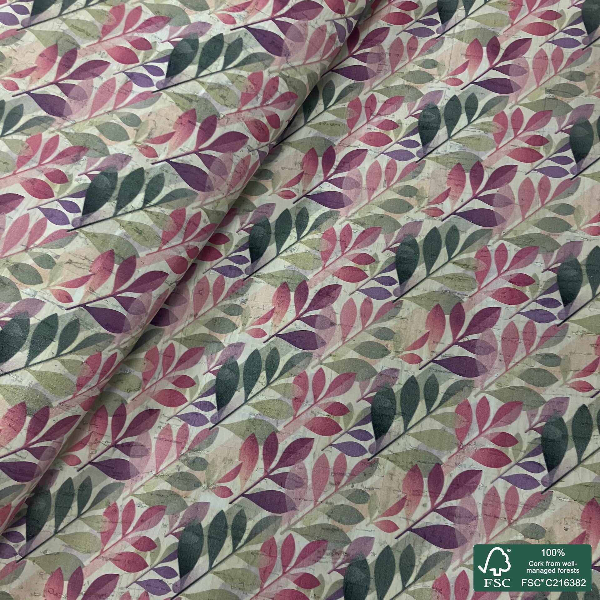 Leaves printed pattern on white cork fabric (547)