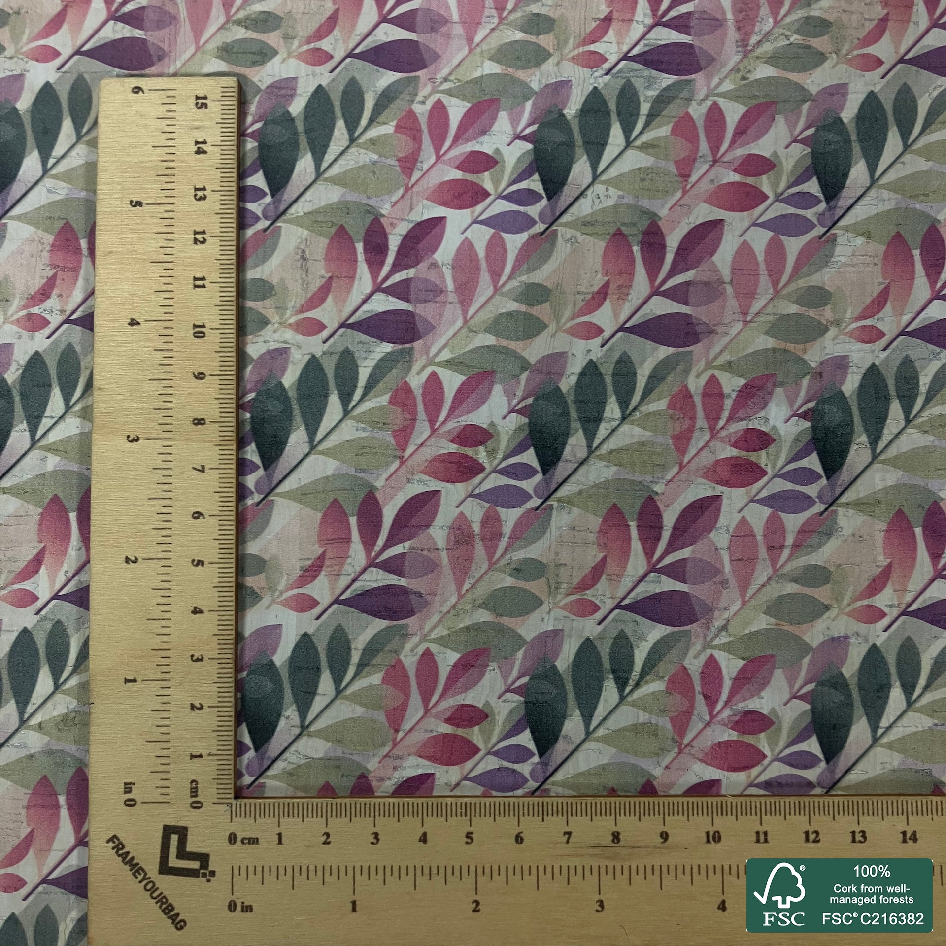 Leaves printed pattern on white cork fabric (547)