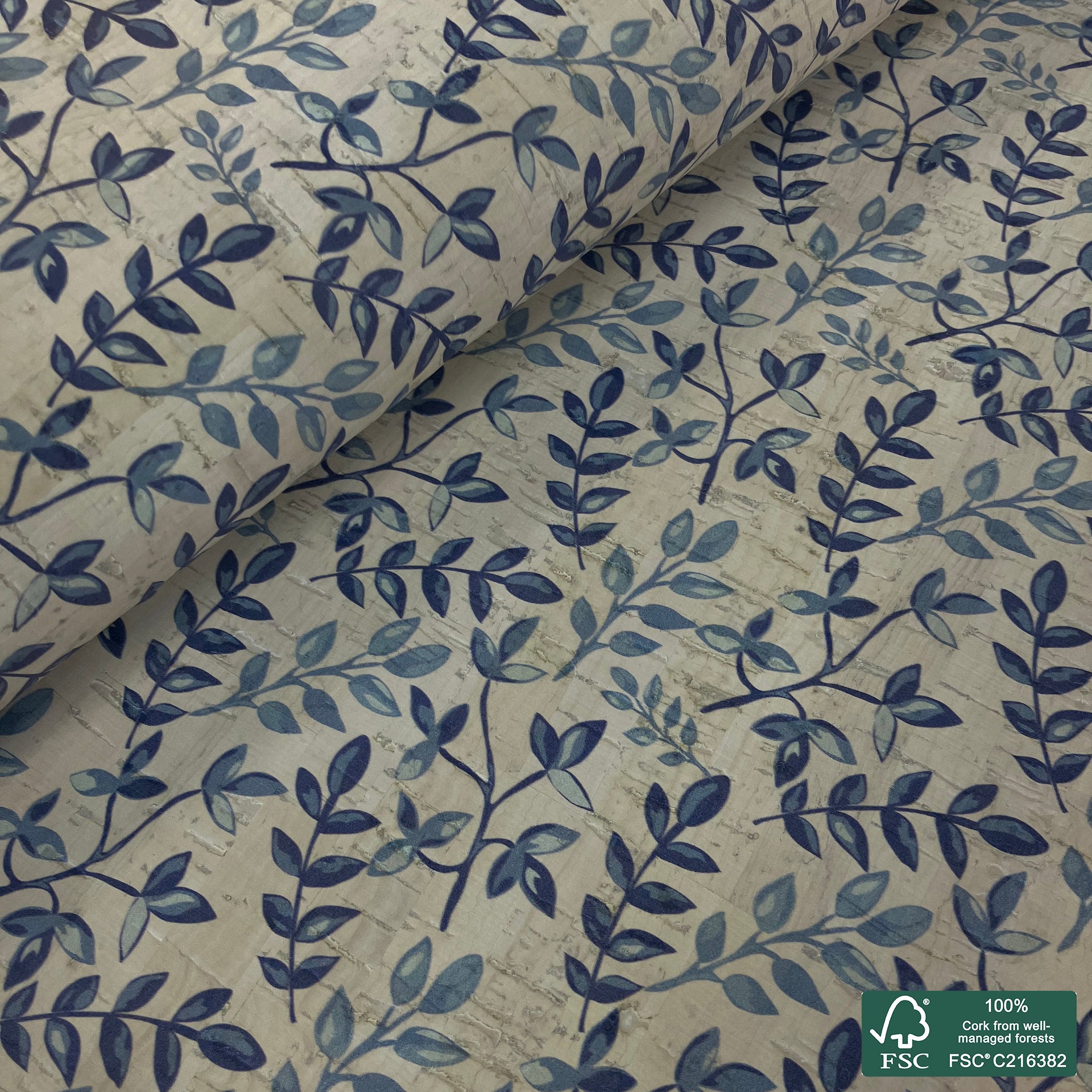 Leaves printed pattern on white cork fabric (548)
