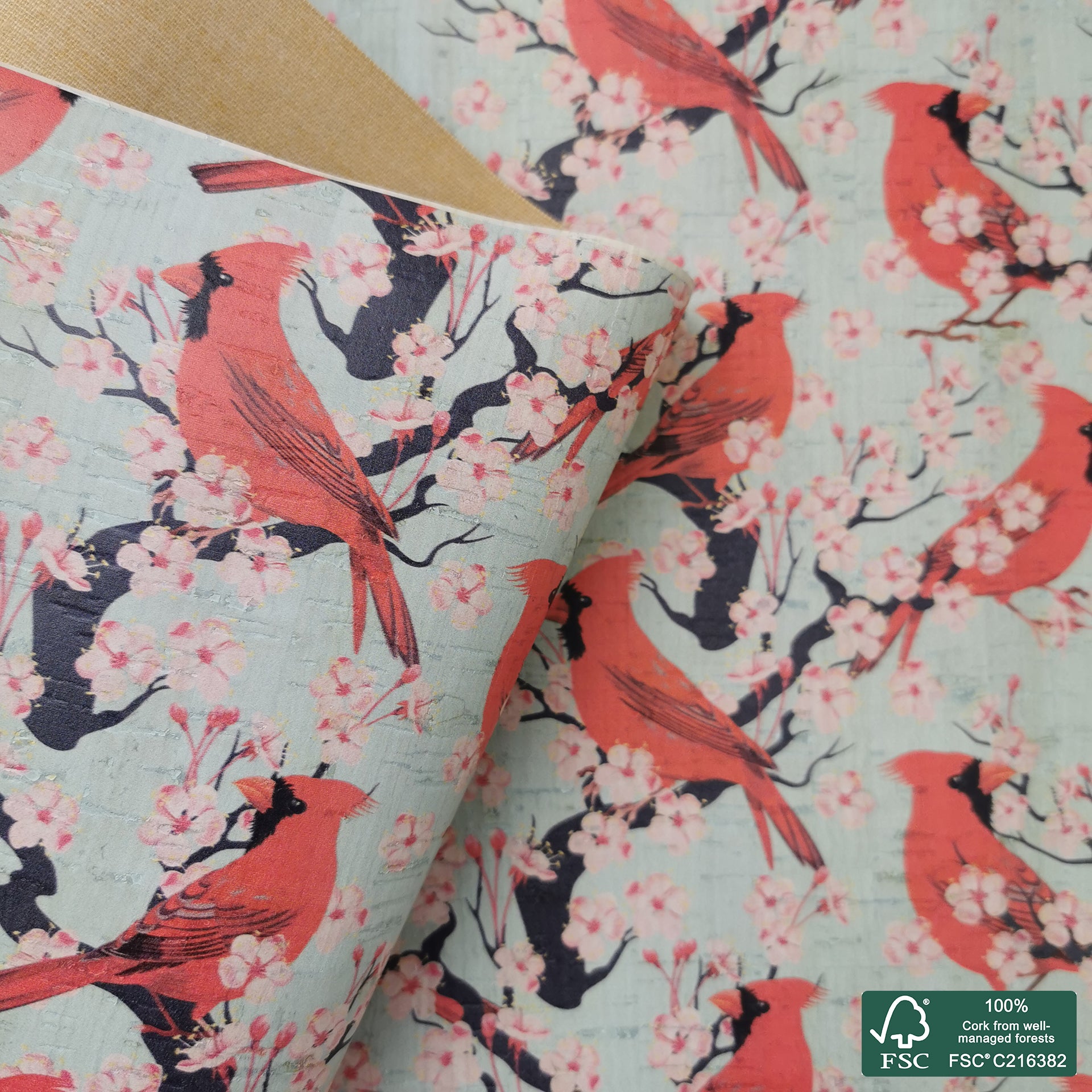 Birds printed pattern on white cork fabric (549)