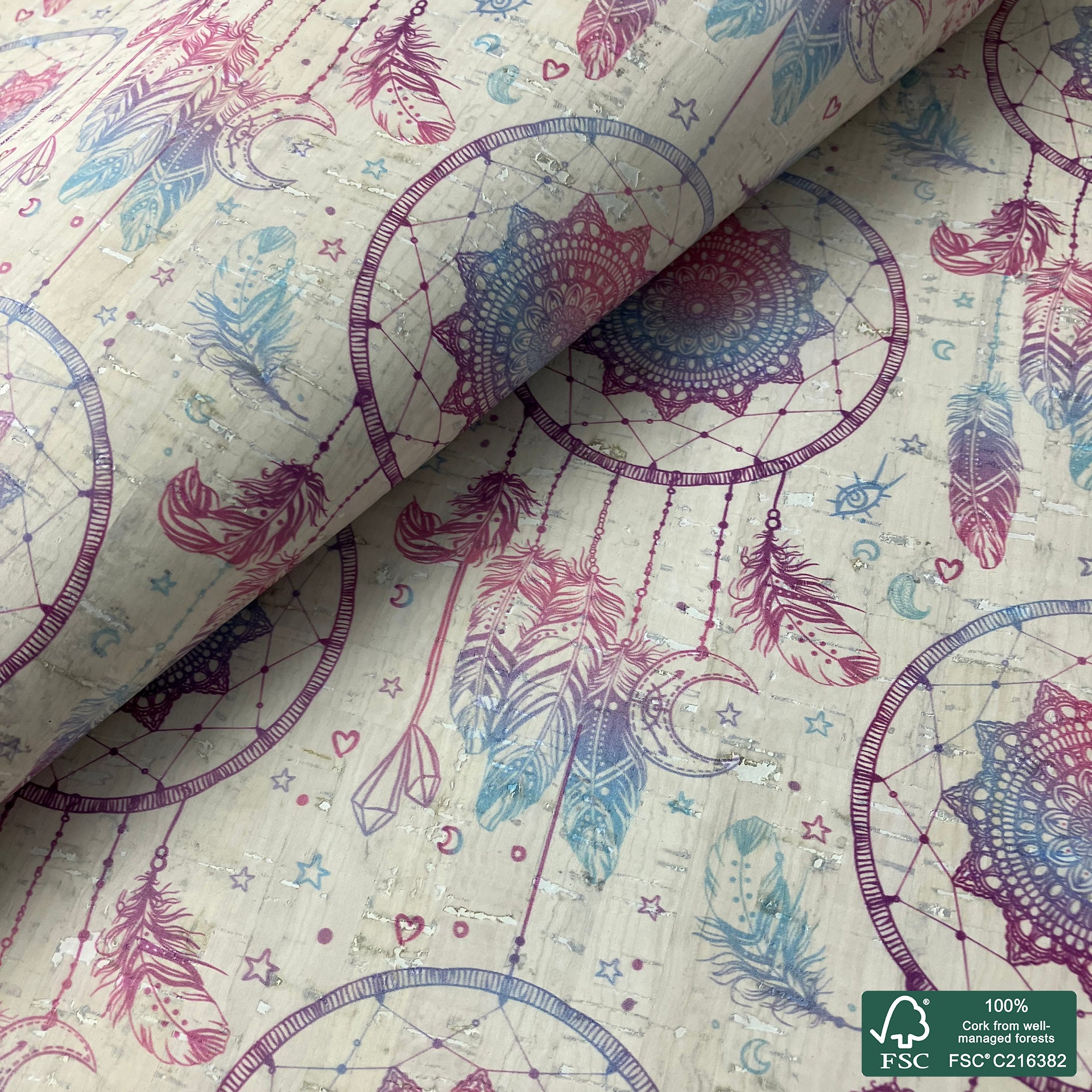 Dream catcher printed pattern on white cork fabric (550)
