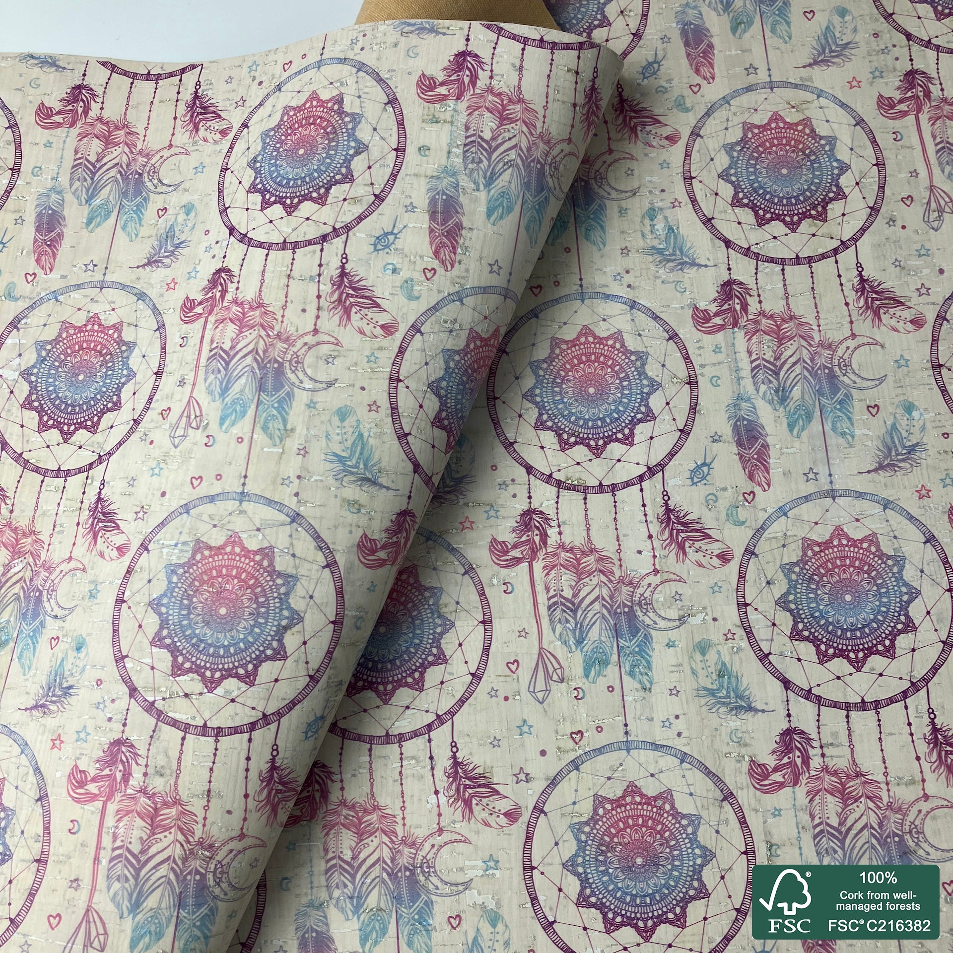 Dream catcher printed pattern on white cork fabric (550)