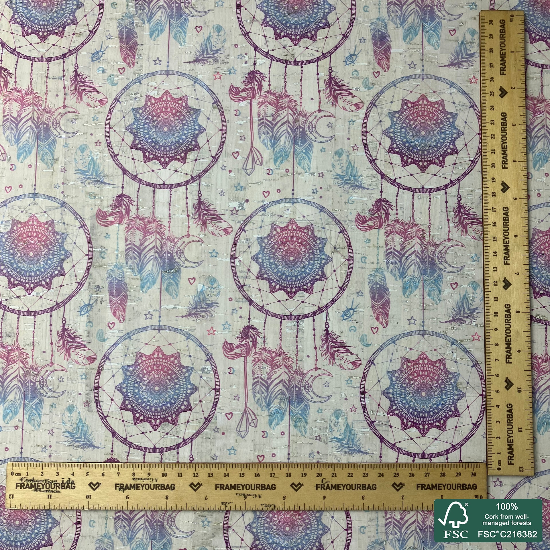 Dream catcher printed pattern on white cork fabric (550)