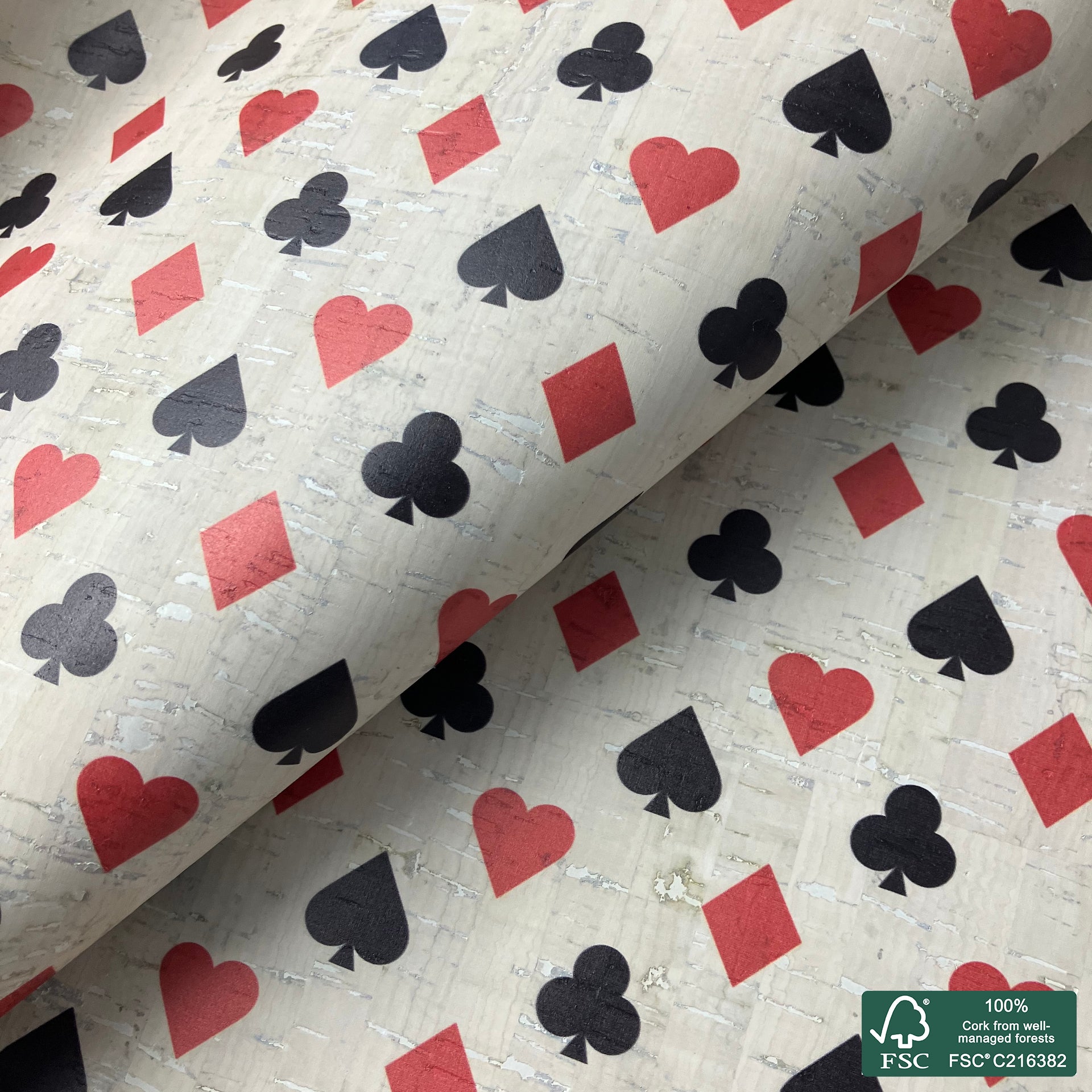 Deck of cards printed pattern on white cork fabric (552)