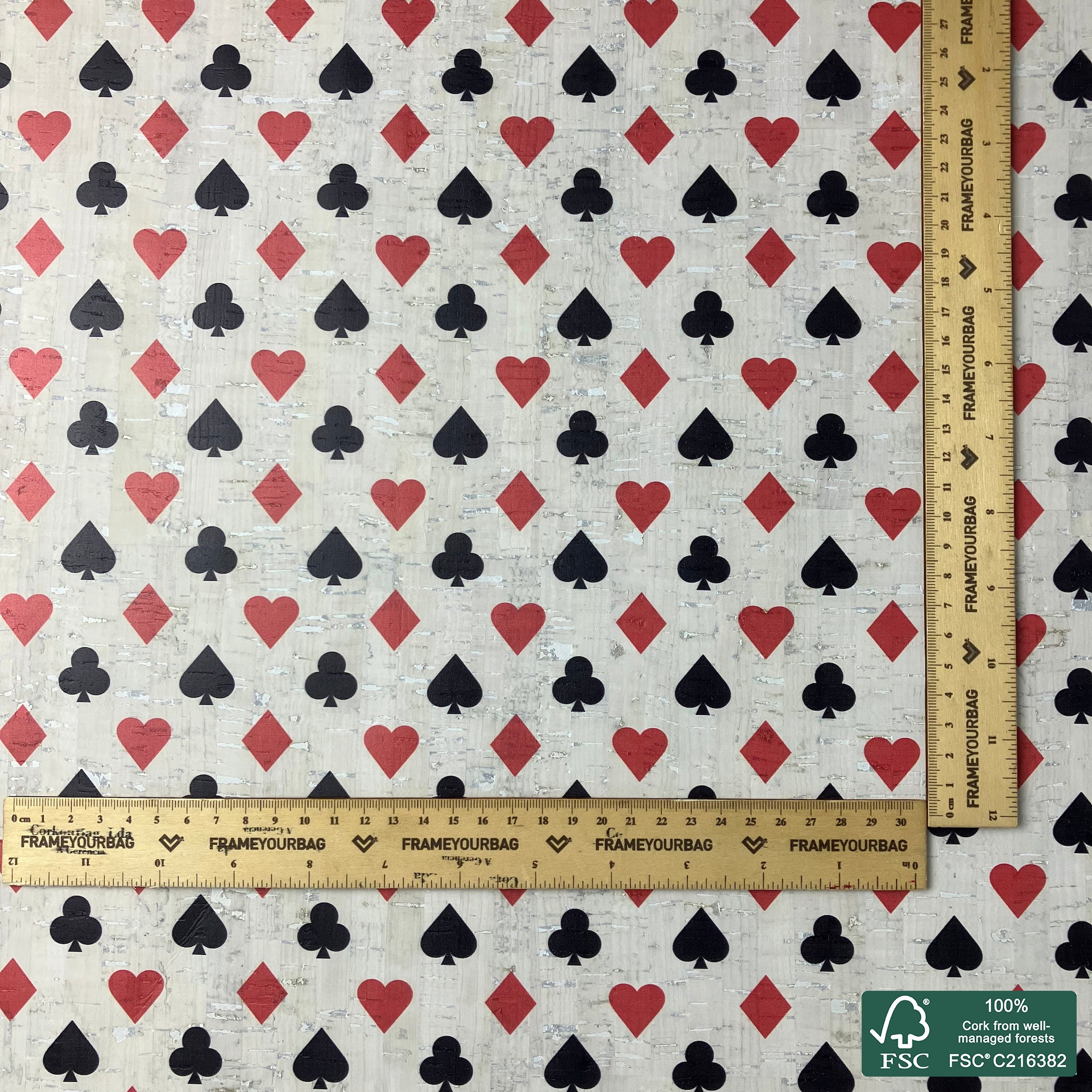Deck of cards printed pattern on white cork fabric (552)