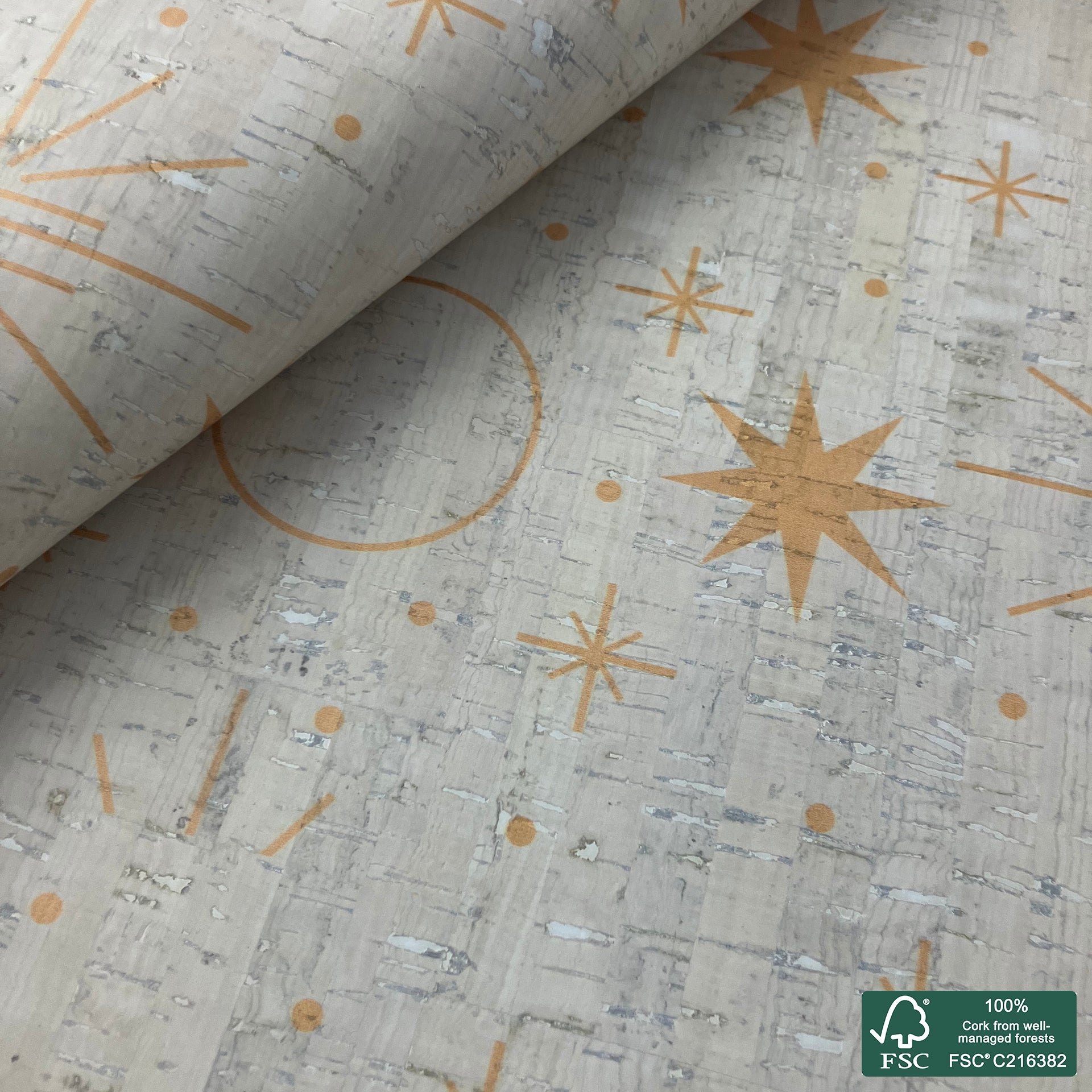 Golden stars printed pattern on white cork fabric (556)