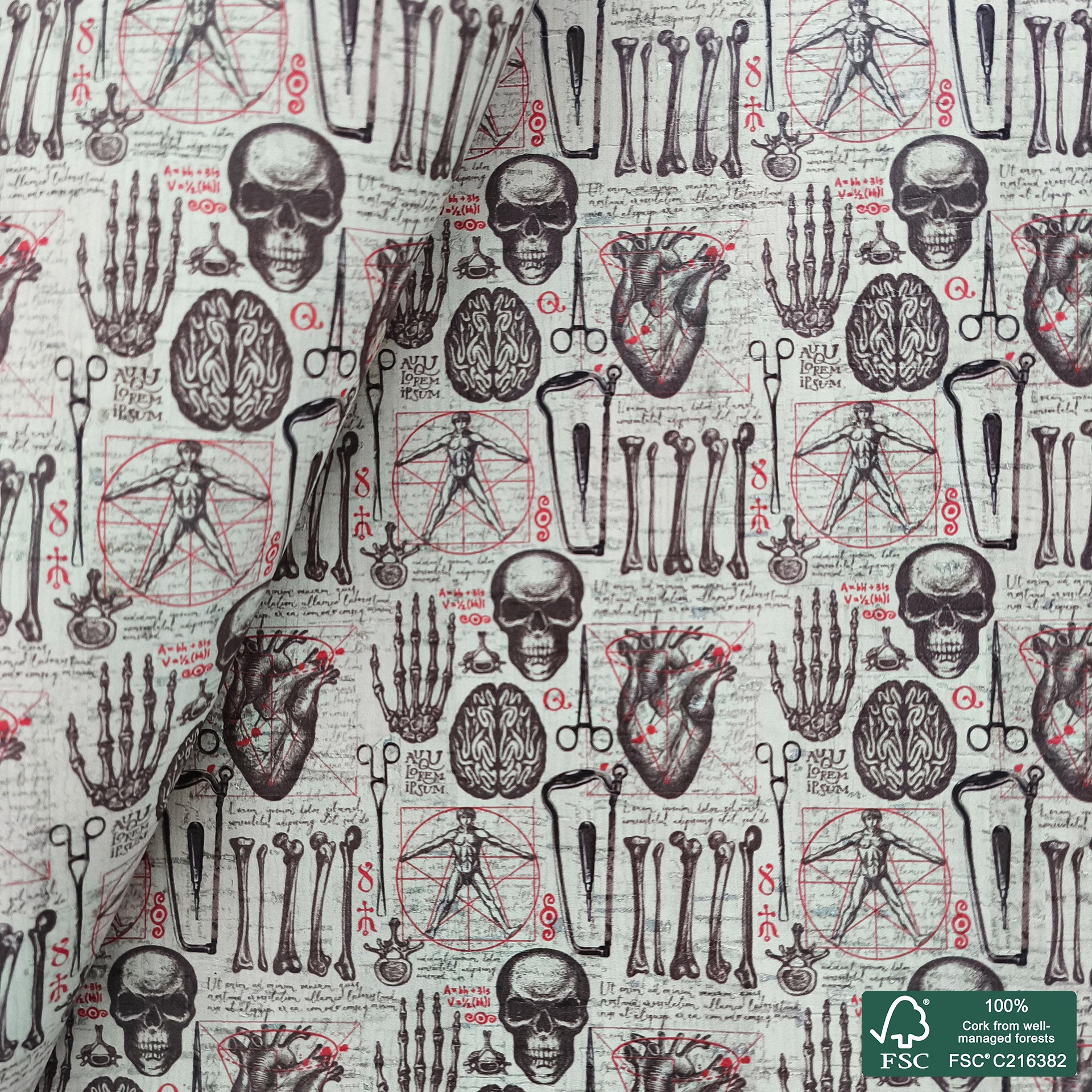 Anatomy printed pattern on white cork fabric (559)