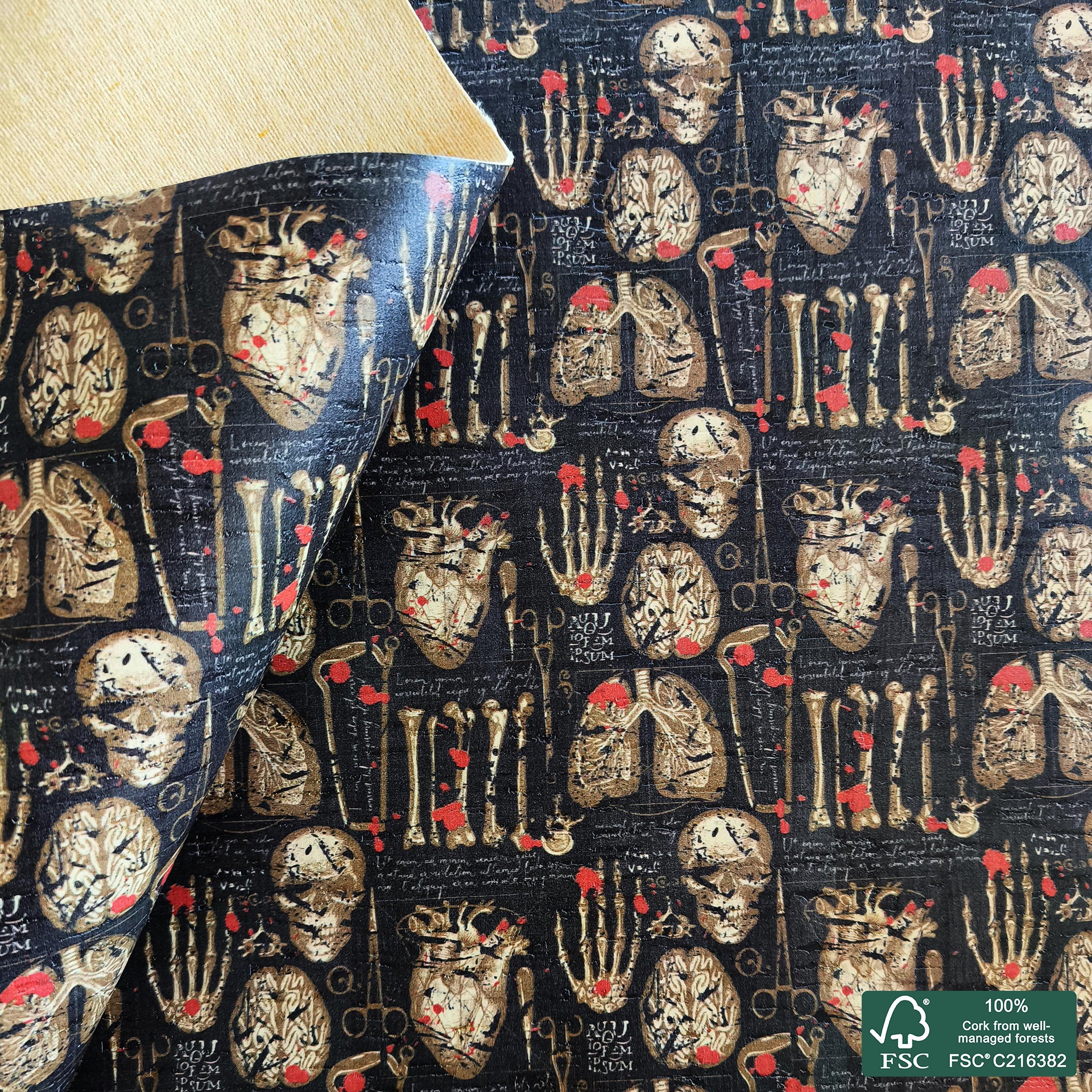 Anatomy printed pattern on white cork fabric (560)