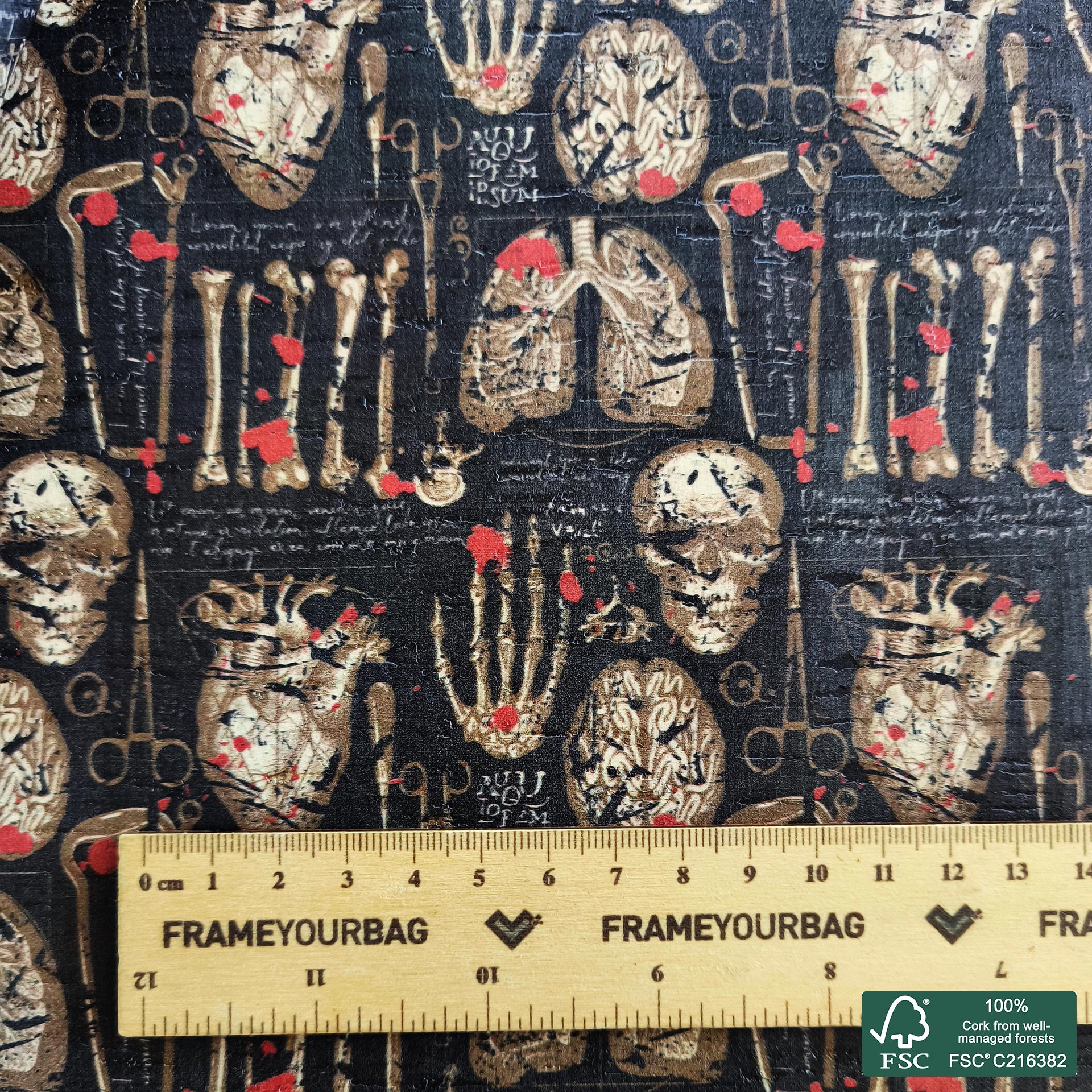 Anatomy printed pattern on white cork fabric (560)