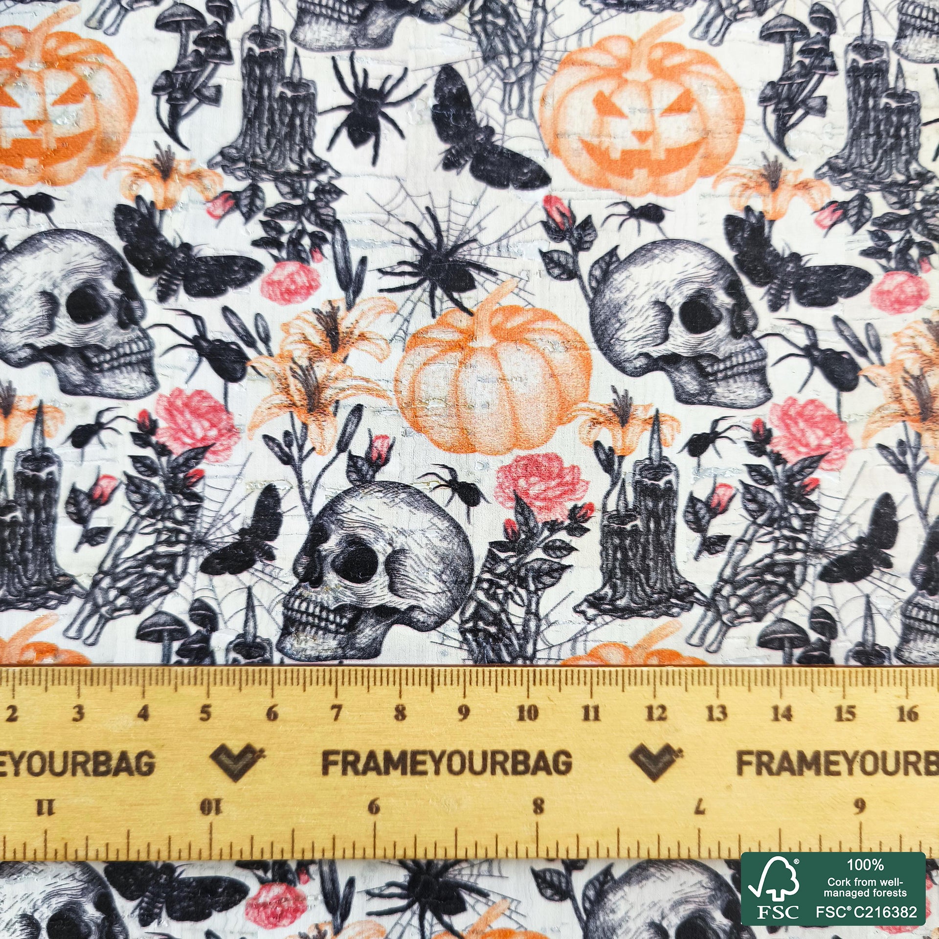 Halloween printed pattern on white cork fabric (561)