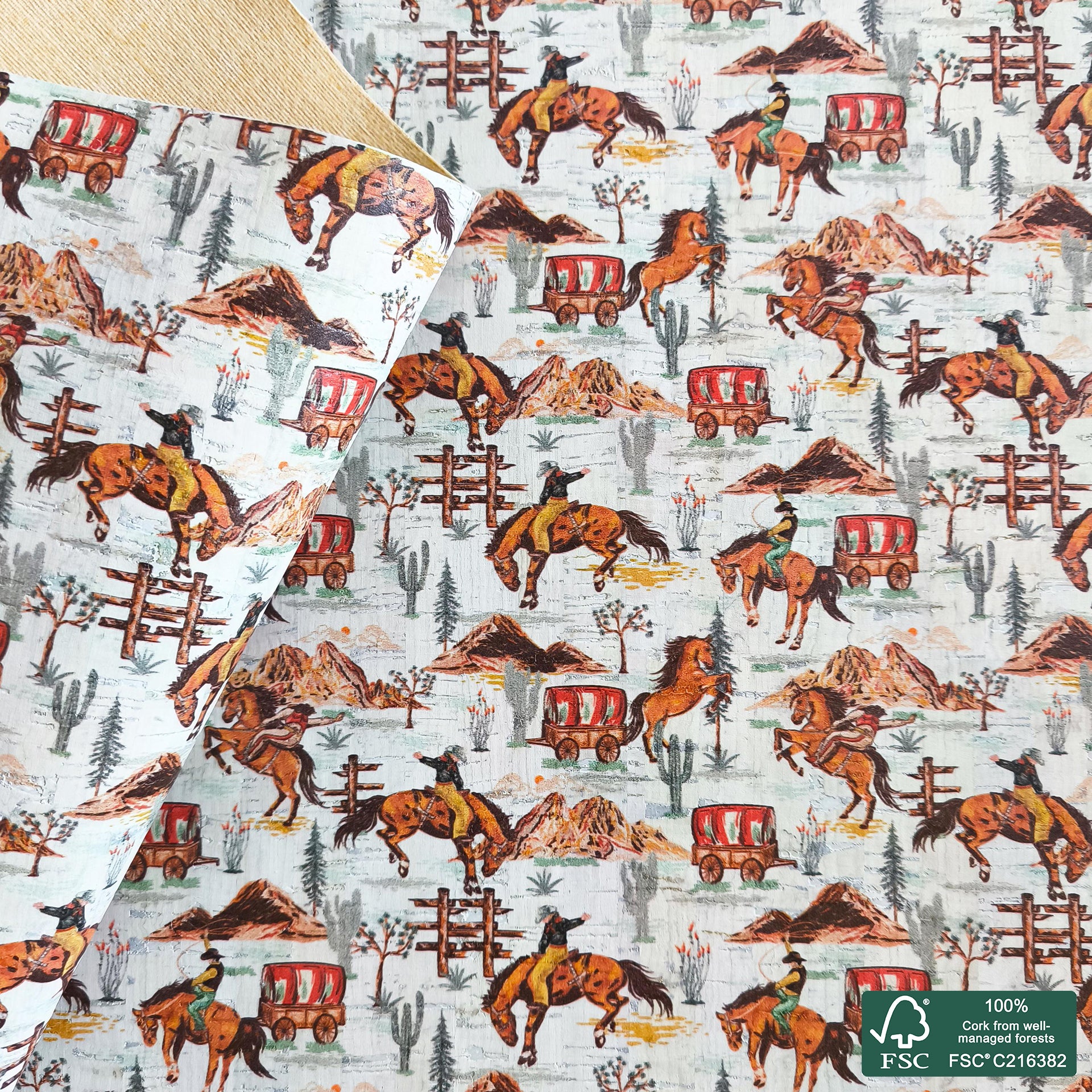 Horses printed pattern on white cork fabric (563)