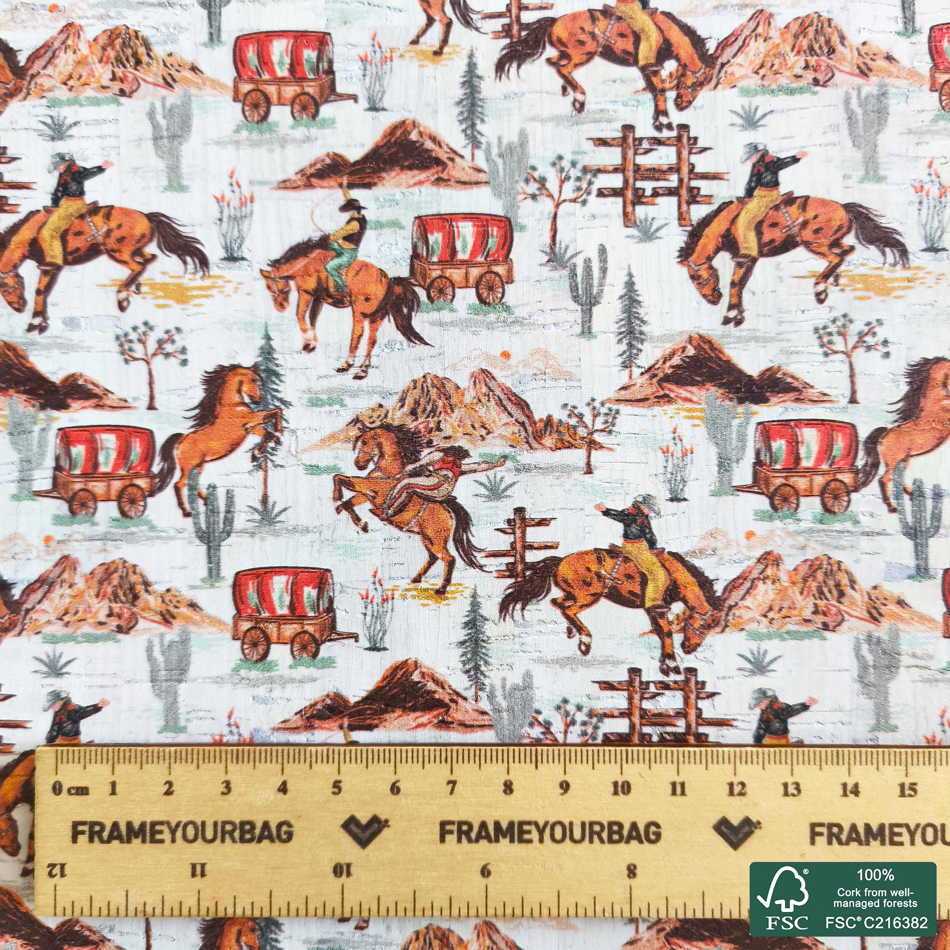 Horses printed pattern on white cork fabric (563)